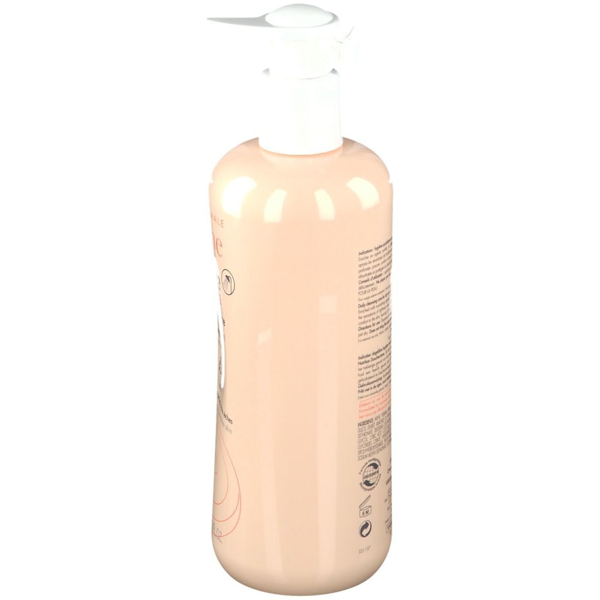Flacon beige avec pompe blanche. Texte au dos. Inscription: Avène TriXera Nutrition. Pour peaux sèches à très sèches.