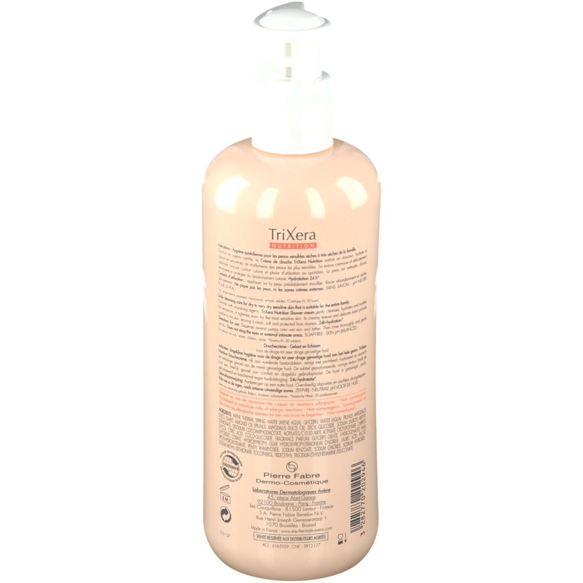 Flacon beige avec pompe blanche. Texte au dos. Inscription: Avène TriXera Nutrition. Pour peaux sèches à très sèches.