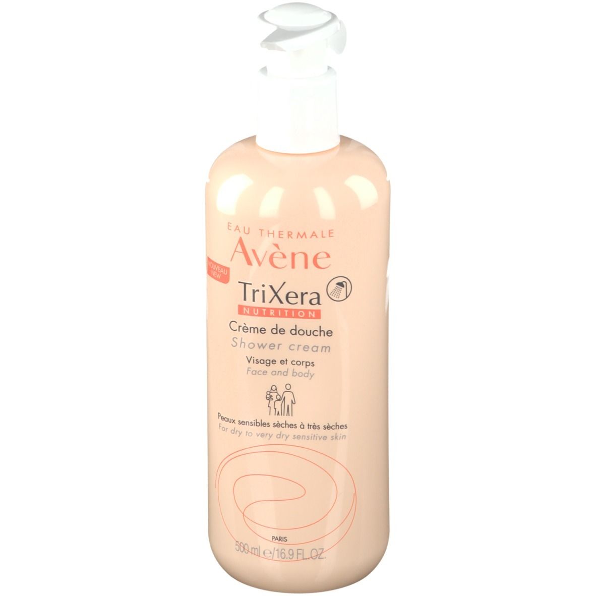 Flacon beige avec pompe blanche. Inscription: Avène TriXera Nutrition Crème de douche. Pour peaux sèches à très sèches.