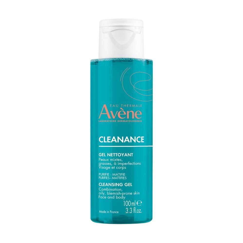 Blau-transparente Flasche mit weißem Deckel. Aufschrift: Avène Cleanance Reinigungsgel. Für unreine Haut.