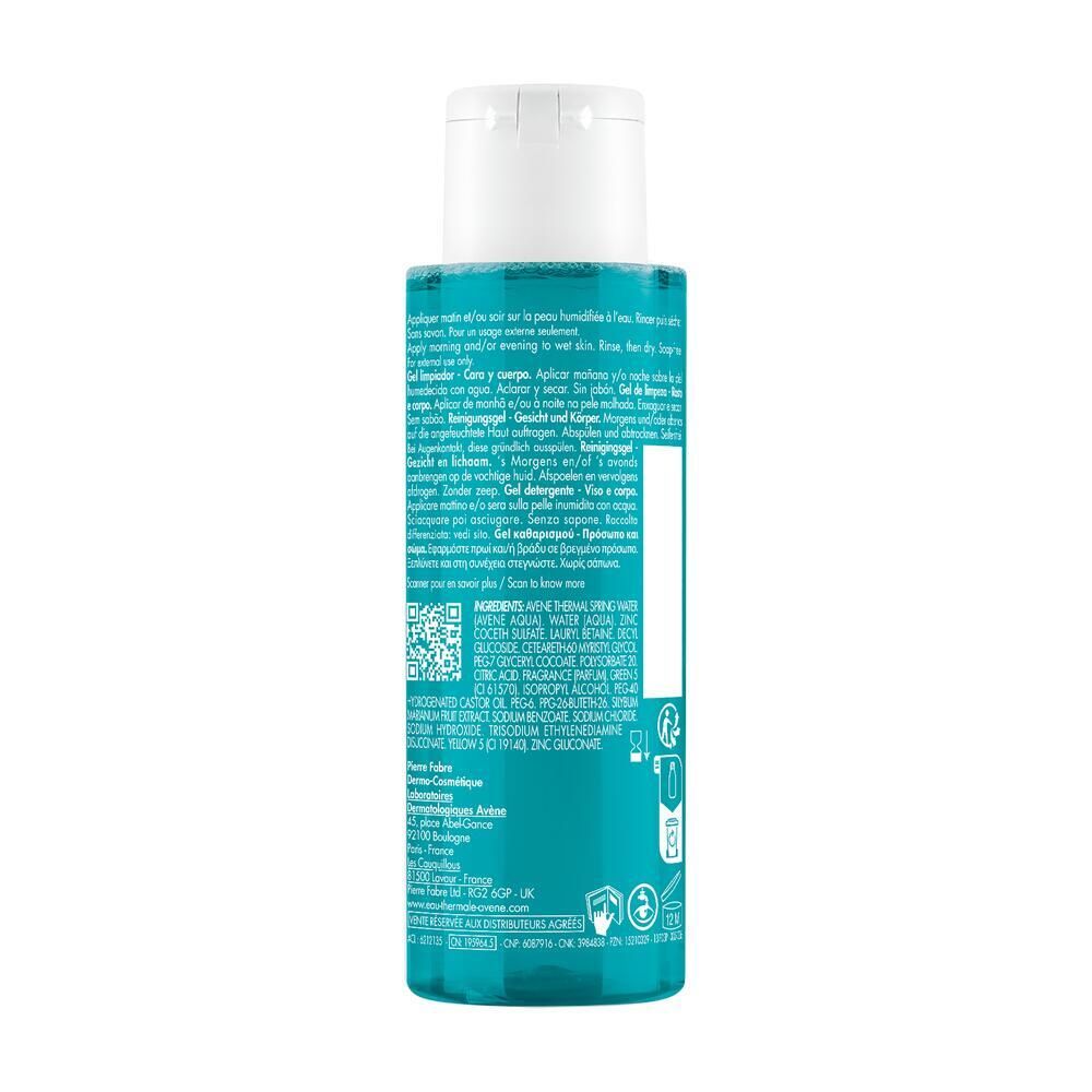 Rückseite einer blau-transparenten Flasche. Text in mehreren Sprachen. Herstellerinformationen und Symbole.
