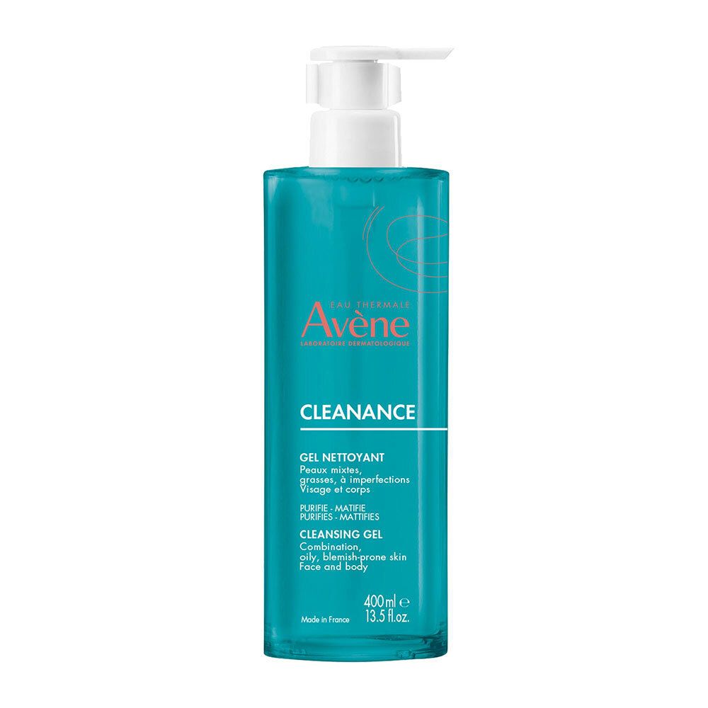 Flacon turquoise avec pompe blanche. Inscription: Avene Cleanance, Gel Nettoyant, 400ml.