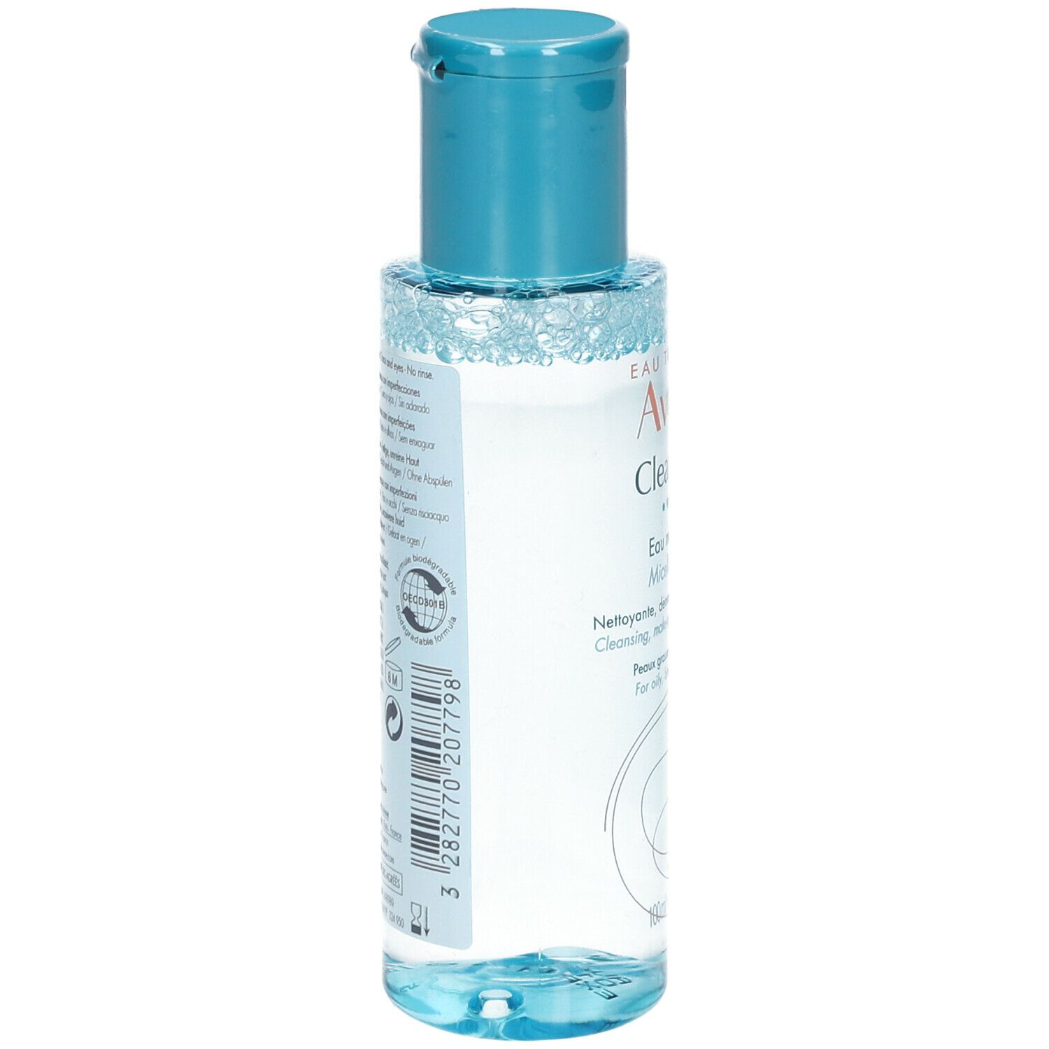 Rückansicht der Flasche. Aufschrift und Zertifizierungen sind sichtbar. Blau-transparente Flüssigkeit.