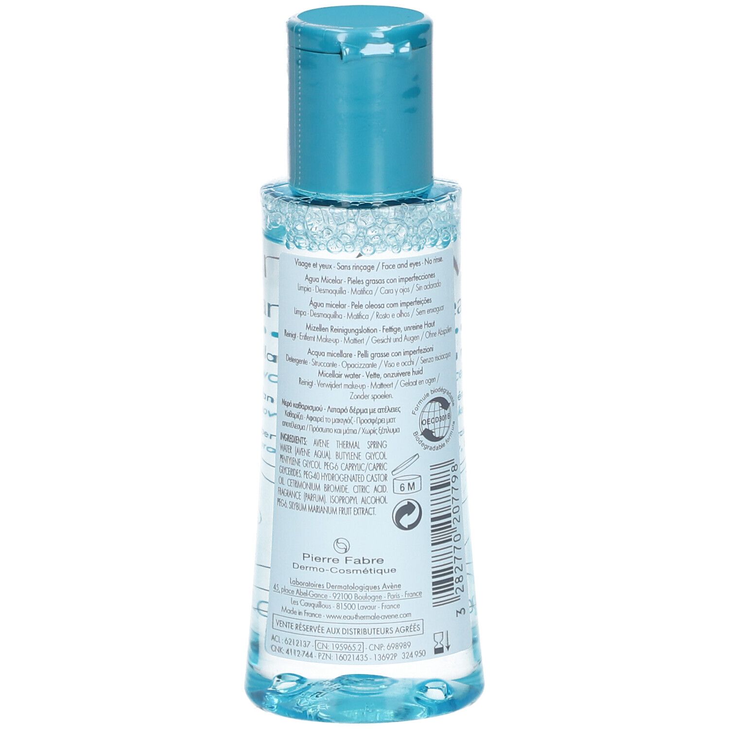 Rückansicht der Flasche. Produktinformationen und Inhaltsstoffe sind aufgedruckt. Blau-transparente Flüssigkeit.
