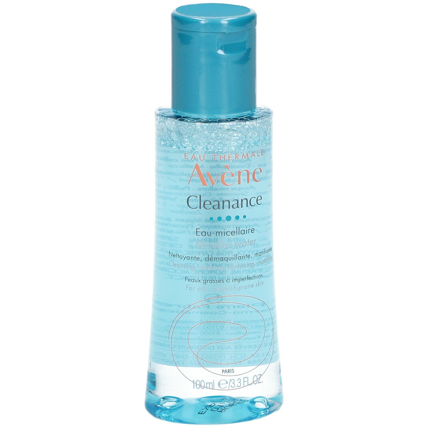 Klare Flasche mit blauem Deckel. Aufschrift: Eau Thermale Avène Cleanance Eau micellaire.