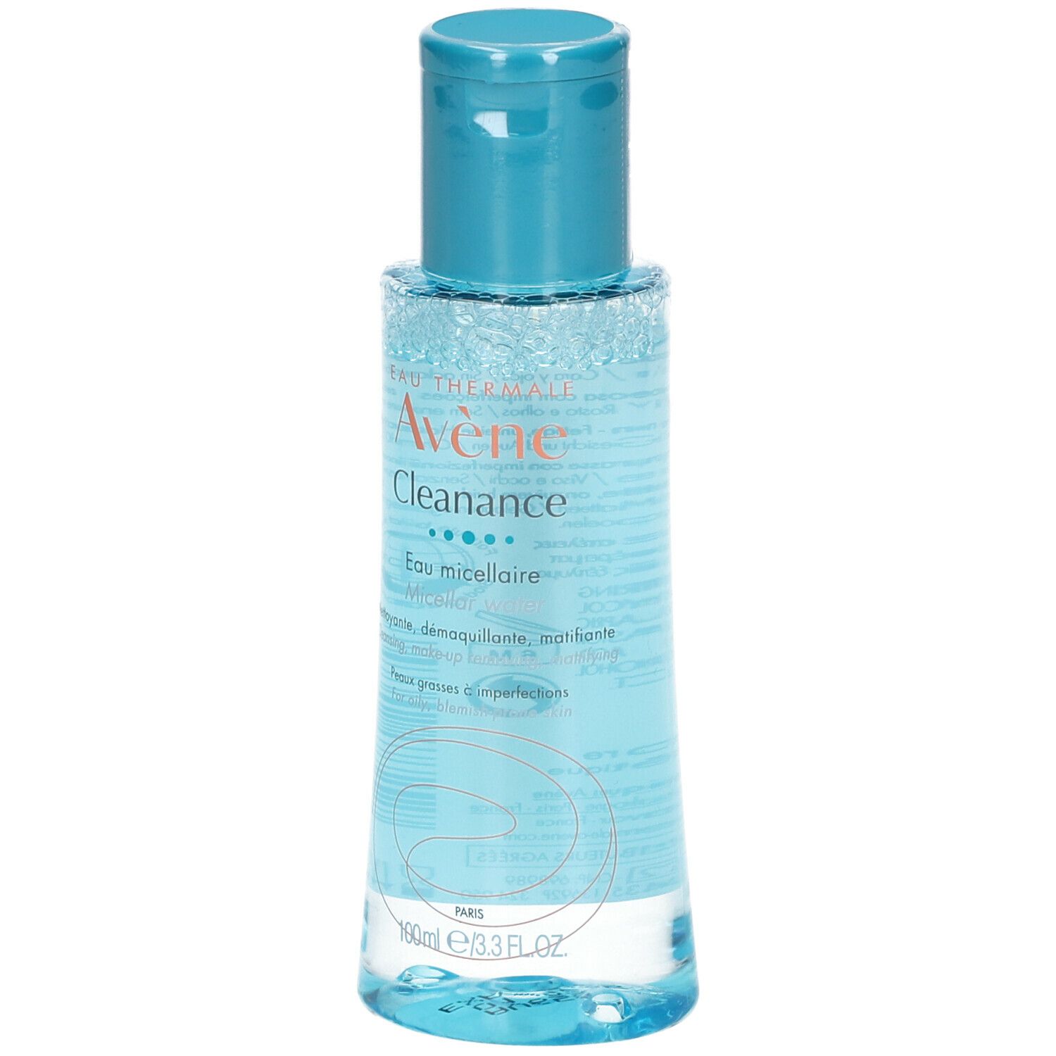 Klare Flasche mit blauem Deckel. Aufschrift: Eau Thermale Avène Cleanance Eau micellaire.