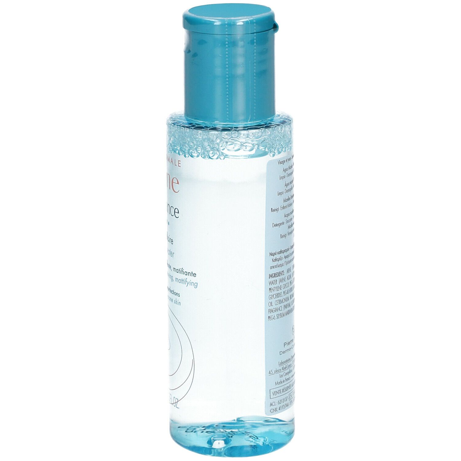 Rückansicht der Flasche. Produktinformationen und Inhaltsstoffe sind aufgedruckt. Blau-transparente Flüssigkeit.