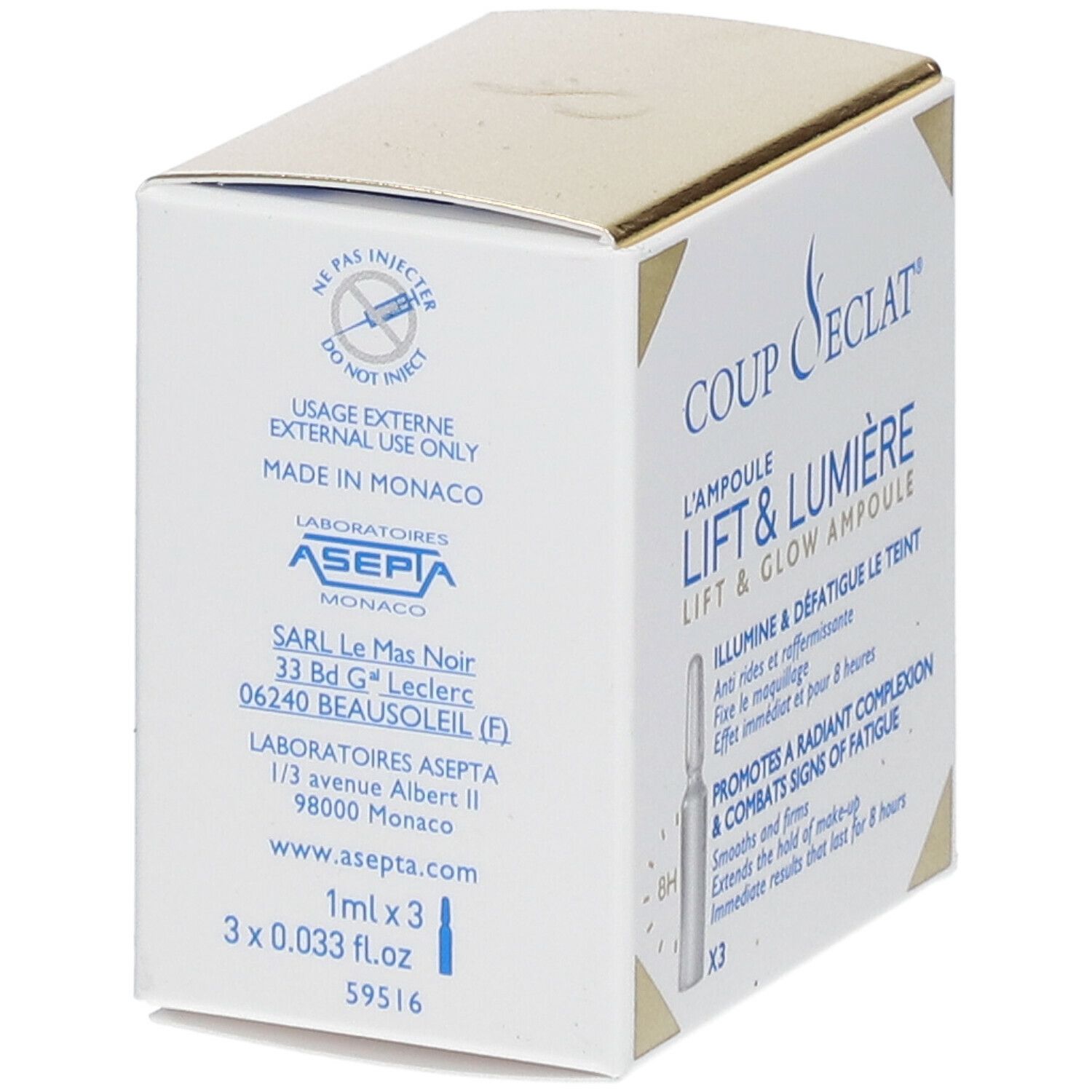 Boîte Coup d'Éclat Ampoule Lift & Lumière. Contient 3 ampoules. Inscription: Lift & Glow Ampoule, Fabriqué à Monaco.