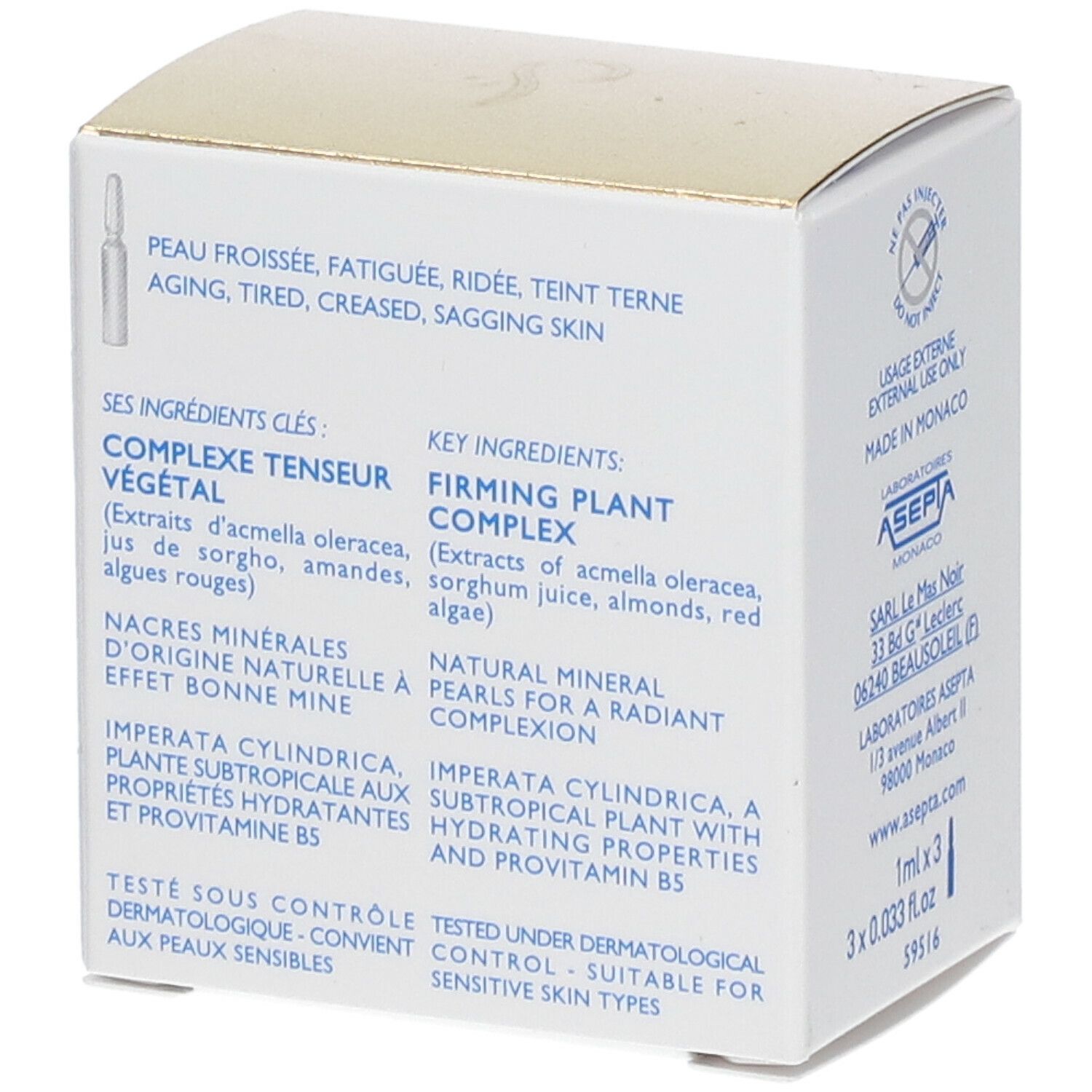 Dos de la boîte Coup d'Éclat Ampoule Lift & Lumière. Contient ingrédients et informations d'utilisation.