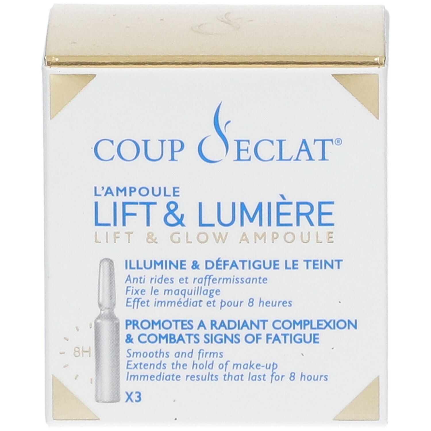 Boîte Coup d'Éclat Ampoule Lift & Lumière. Contient 3 ampoules. Inscription: Lift & Glow Ampoule, anti-rides, fixe le maquillage.