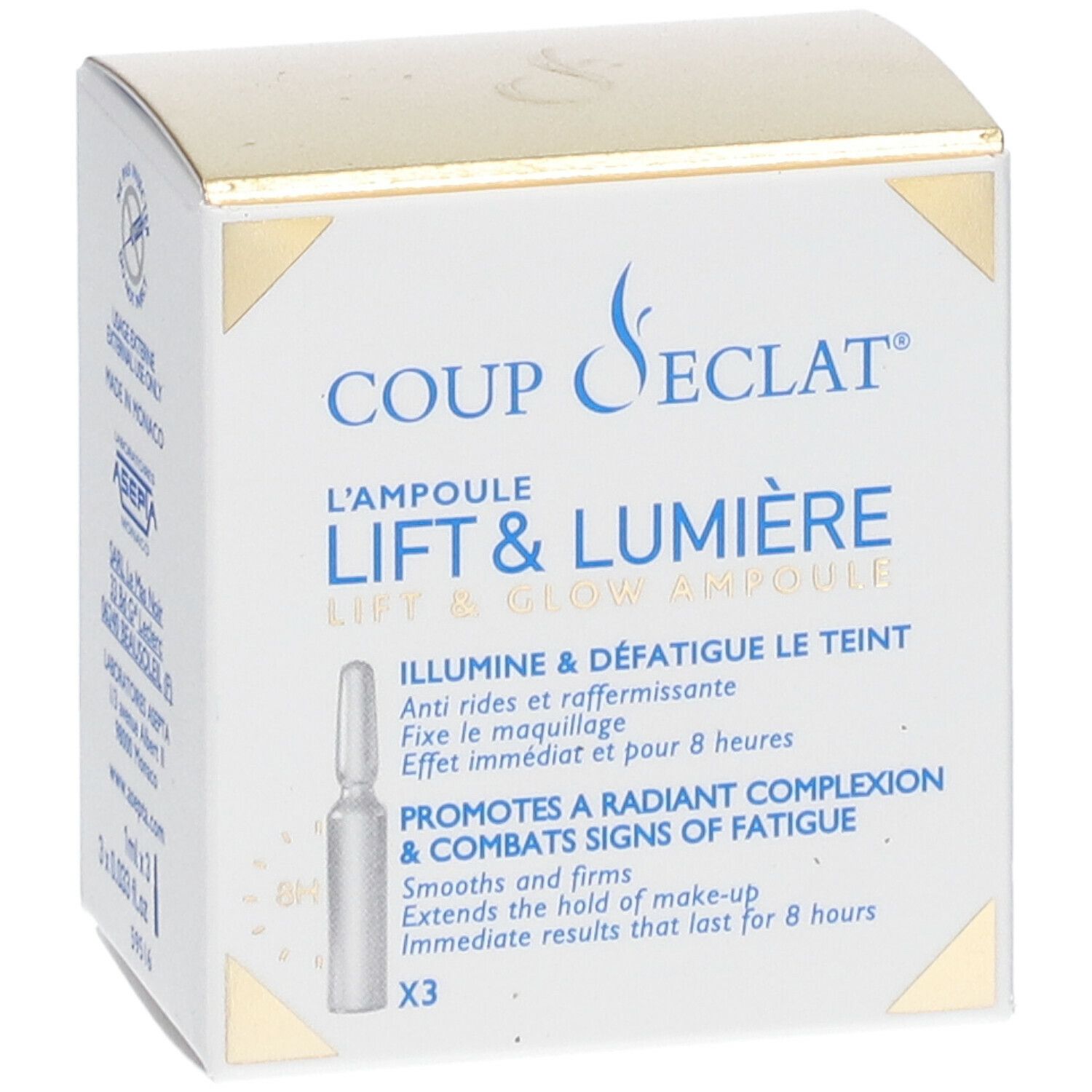 Boîte Coup d'Éclat Ampoule Lift & Lumière. Contient 3 ampoules. Inscription: Lift & Glow Ampoule, anti-rides, fixe le maquillage.