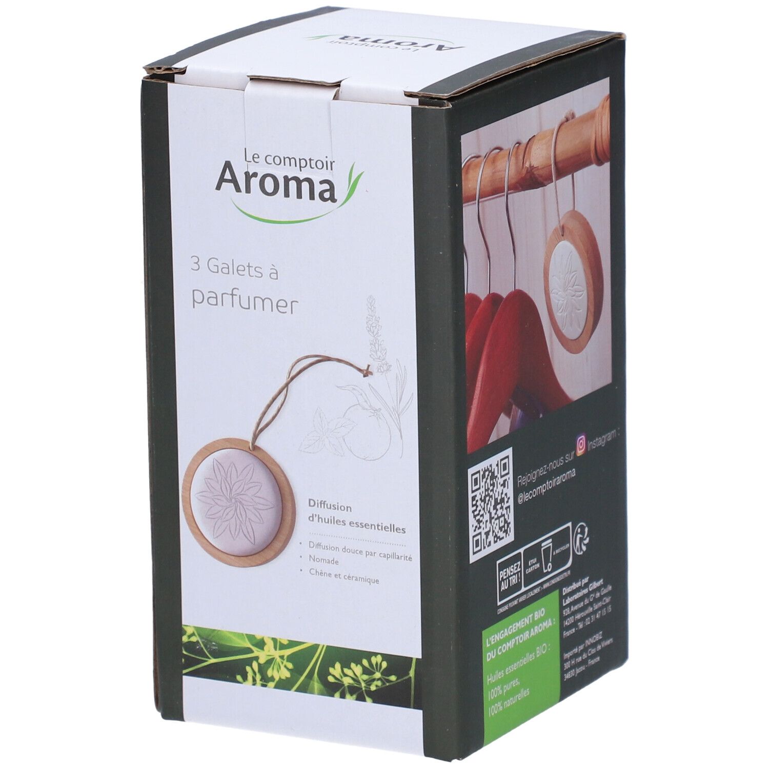 Boîte de 3 galets à parfumer. Marque: Le comptoir Aroma. Inscription: Diffusion d'huiles essentielles.