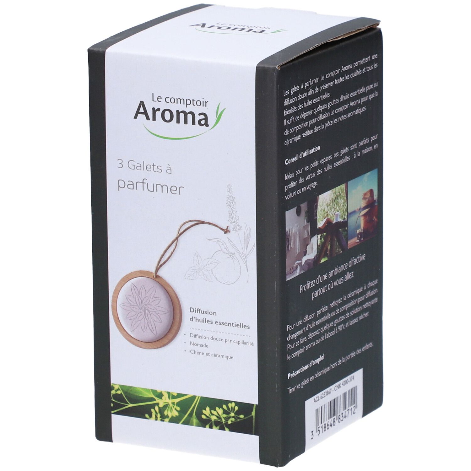 Boîte de 3 galets à parfumer. Marque: Le comptoir Aroma. Inscription: Diffusion d'huiles essentielles. Illustration.