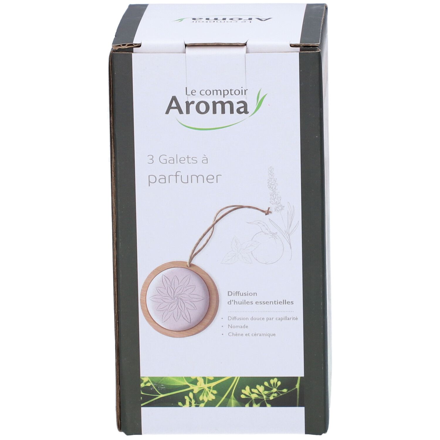 Boîte de 3 galets à parfumer. Marque: Le comptoir Aroma. Inscription: Diffusion d'huiles essentielles.