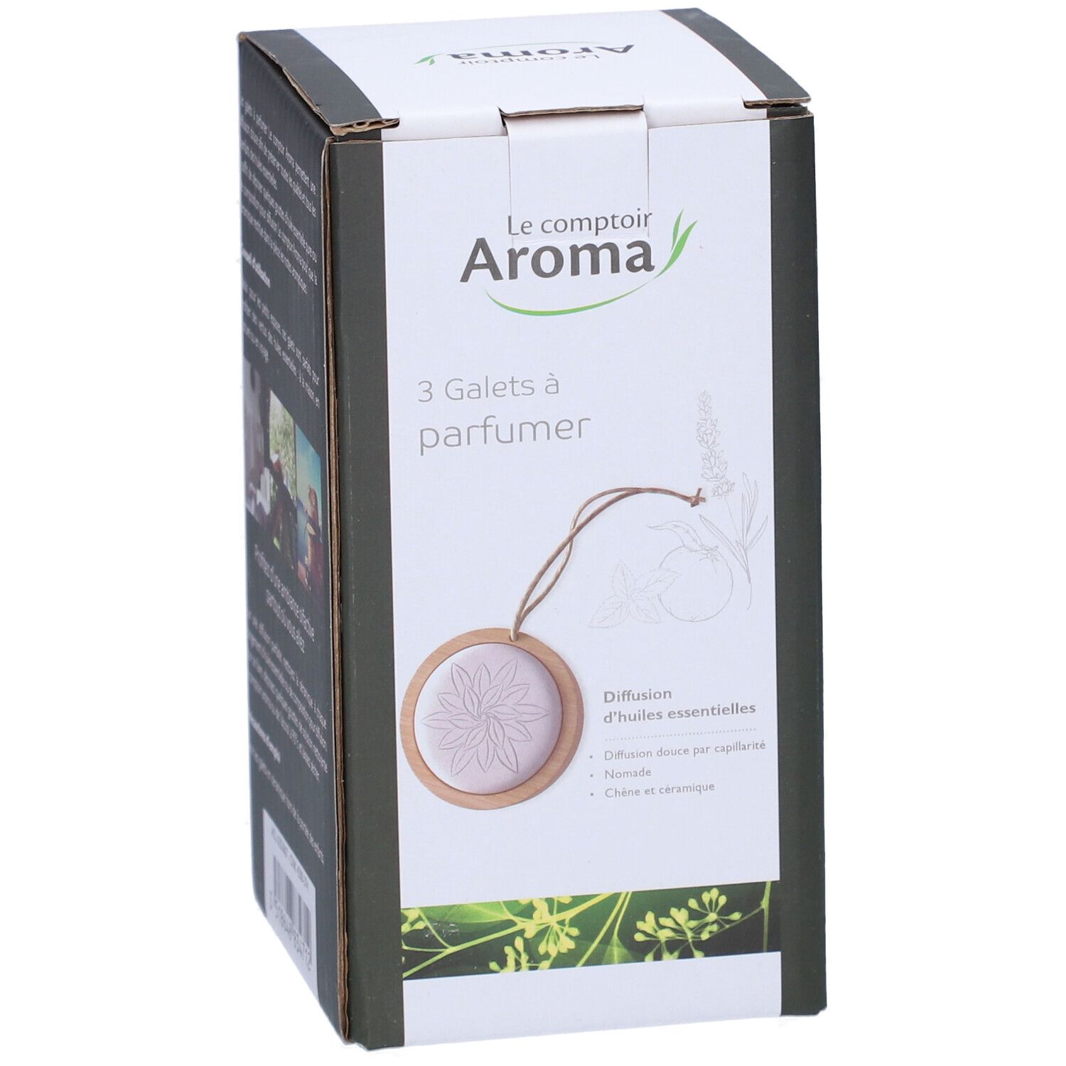 Boîte de 3 galets à parfumer. Marque: Le comptoir Aroma. Inscription: Diffusion d'huiles essentielles.