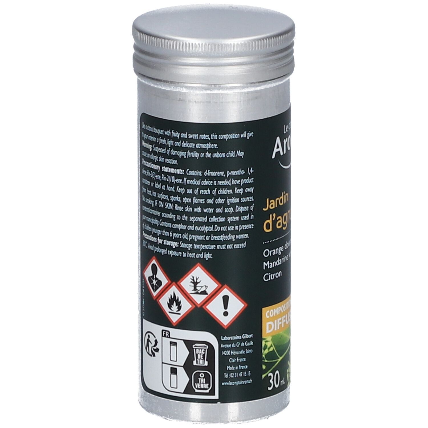Flacon cylindrique à bouchon argenté. Étiquette noire avec texte et pictogrammes. Contient des informations sur les ingrédients et les avertissements.