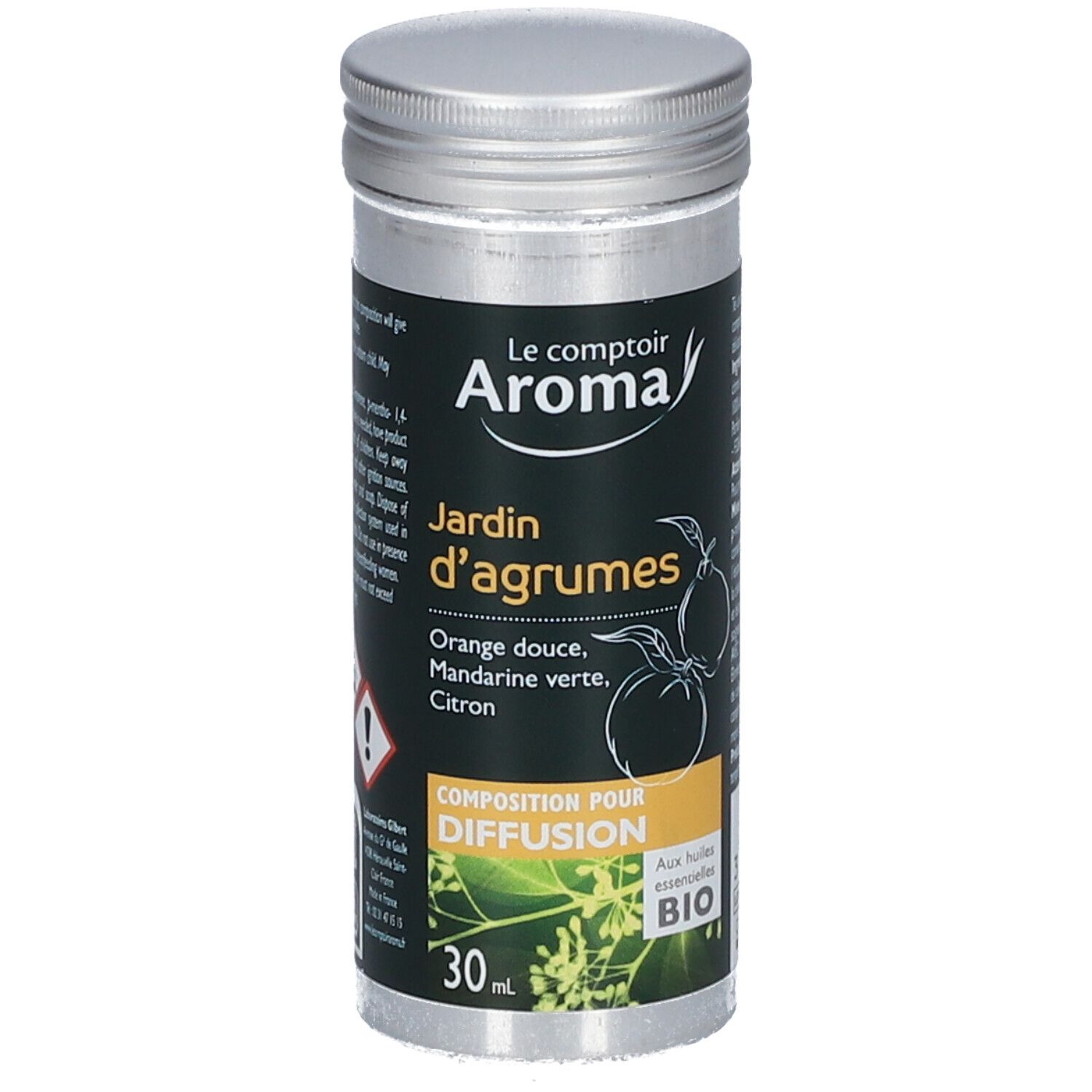 Flacon cylindrique à bouchon argenté. Étiquette noire avec texte: Jardin d'agrumes, Orange douce, Mandarine verte, Citron. Certification Bio.