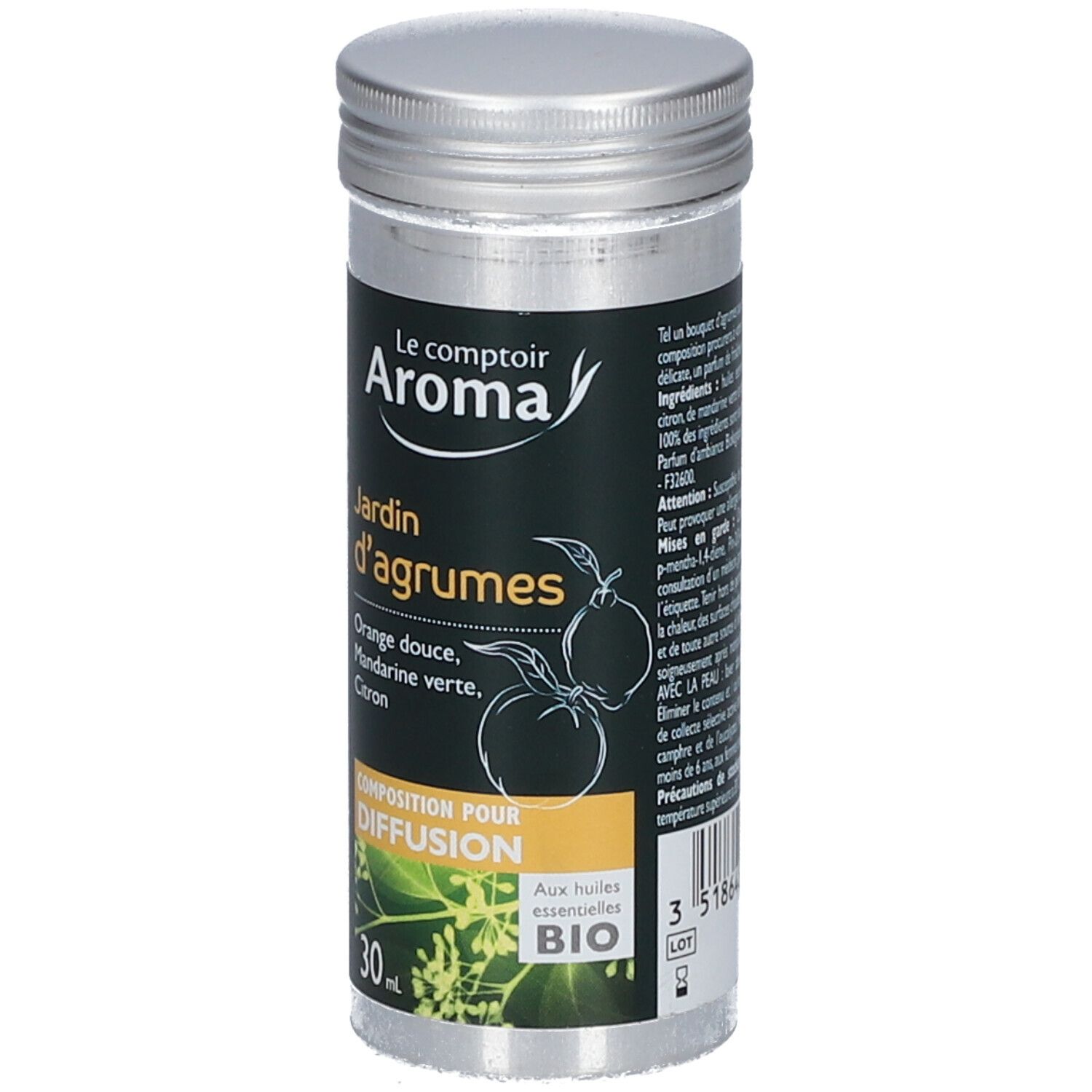 Flacon cylindrique à bouchon argenté. Étiquette noire avec texte: Jardin d'agrumes, Orange douce, Mandarine verte, Citron. Certification Bio.