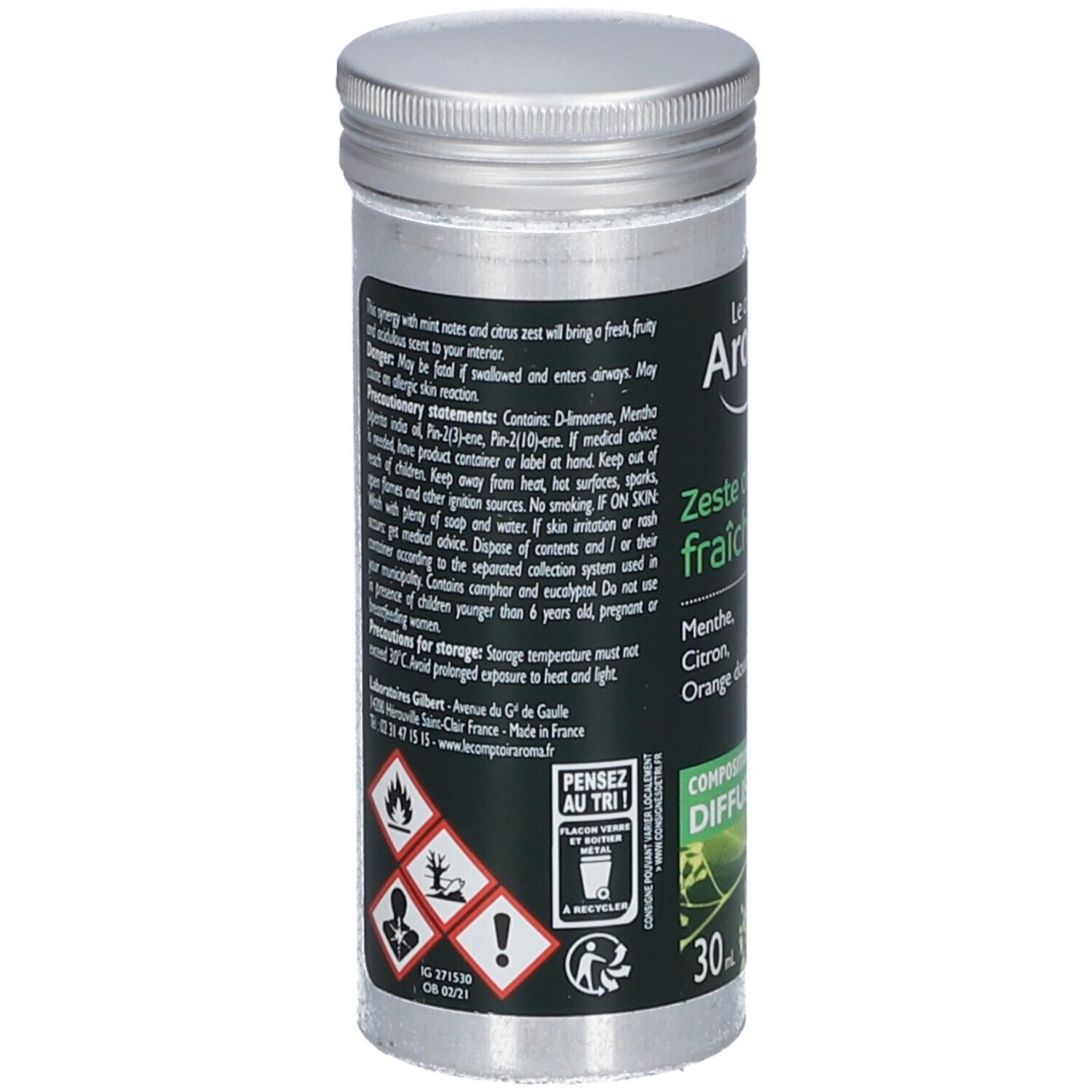 Flacon cylindrique avec étiquette. Mentions d'avertissement et symboles de danger. Texte : "Zeste de fraîcheur". 30 ml. Bio.