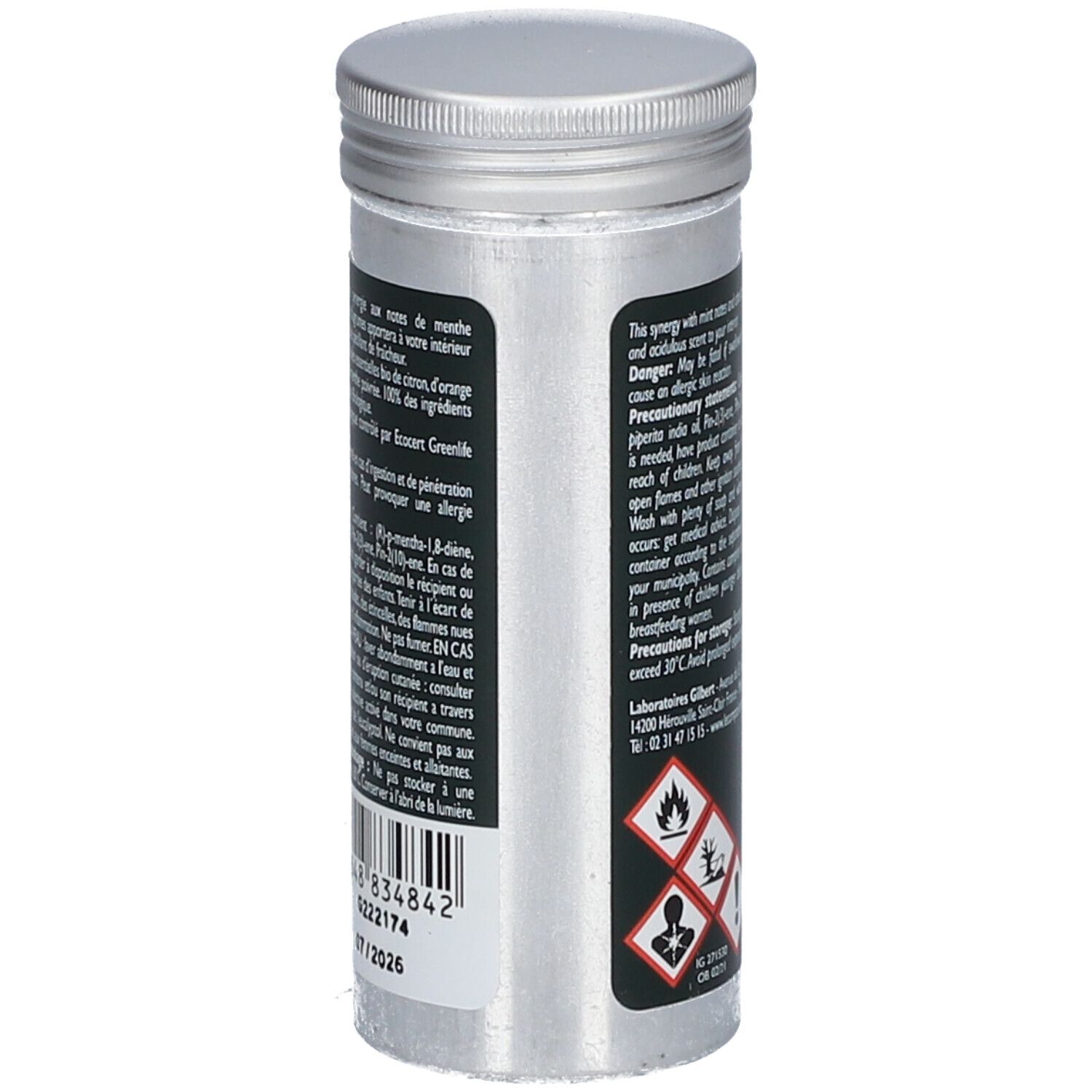 Flacon cylindrique avec étiquette. Mentions d'avertissement et symboles de danger. Texte : "Zeste de fraîcheur". 30 ml. 07/2026.