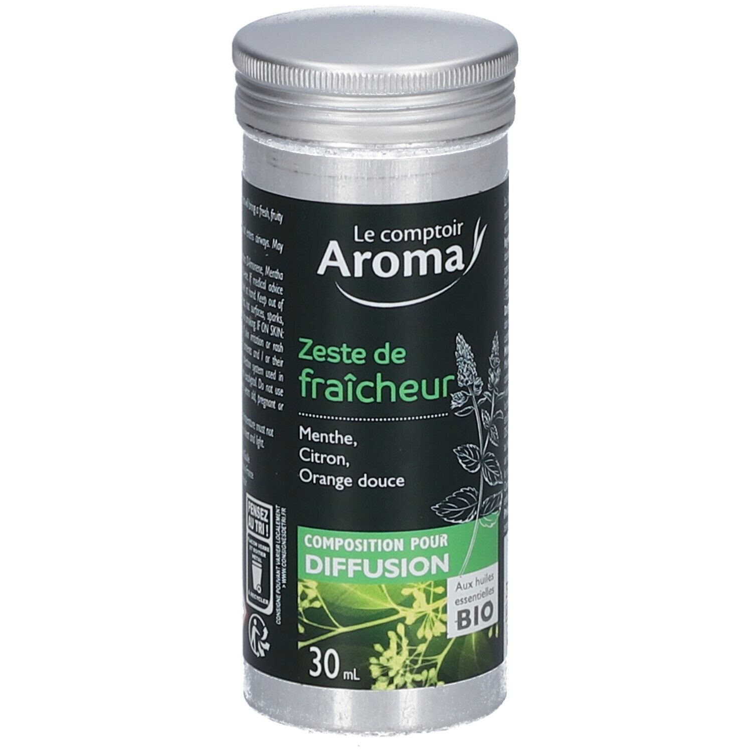 Flacon cylindrique "Le Comptoir Aroma". Inscription "Zeste de fraîcheur". Huiles essentielles. 30 ml. Bio.