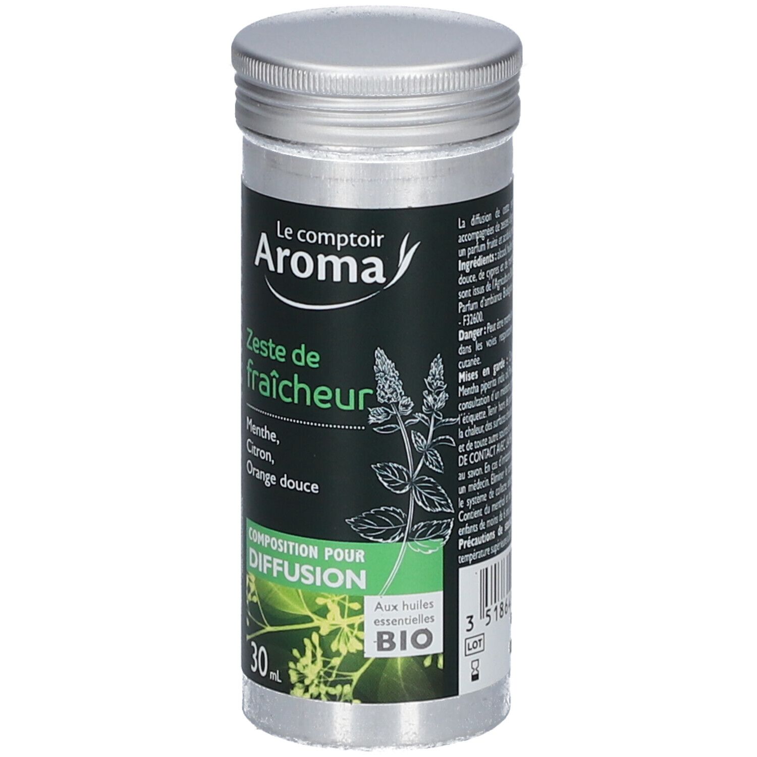 Flacon cylindrique "Le Comptoir Aroma". Inscription "Zeste de fraîcheur". Huiles essentielles. 30 ml. Bio.