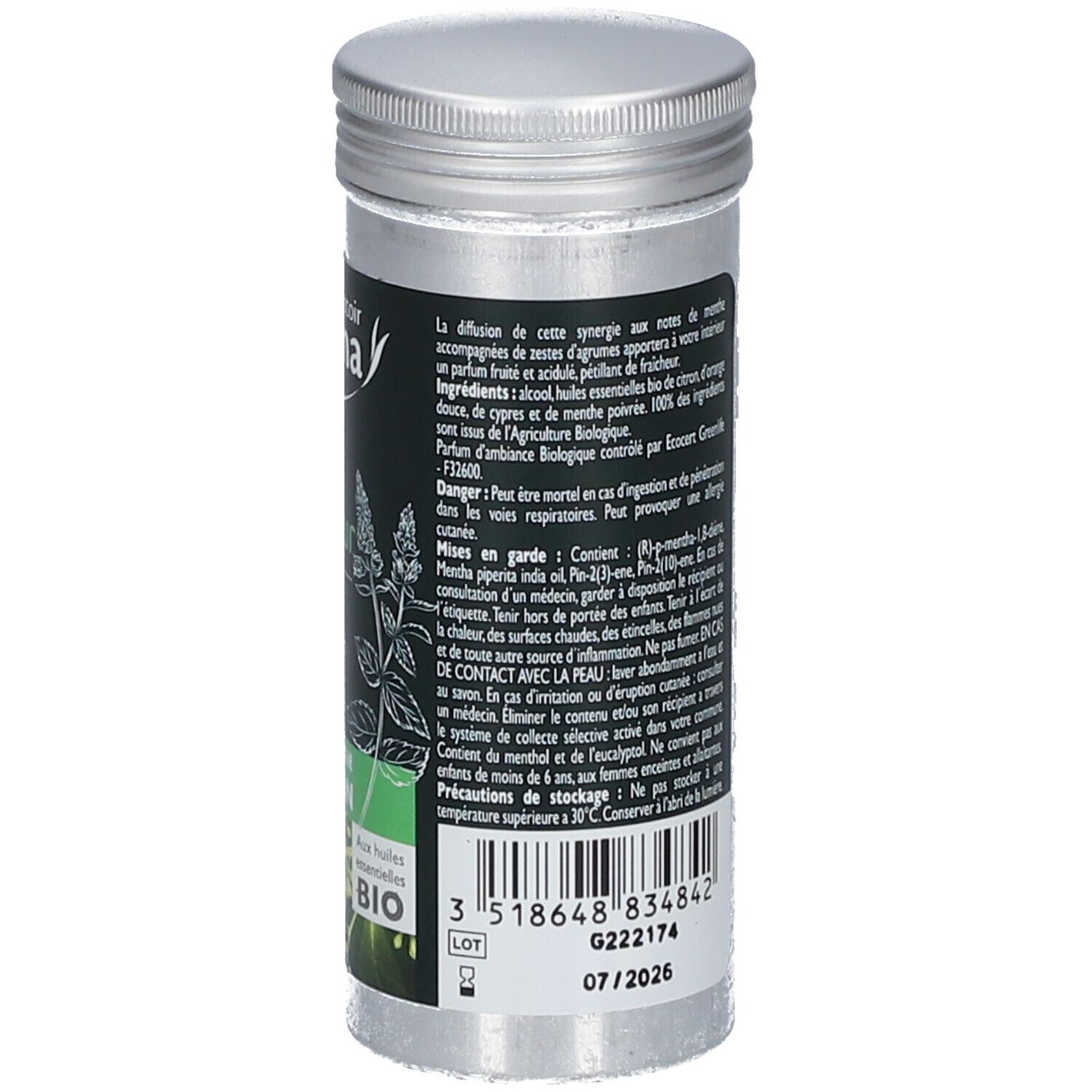 Flacon cylindrique avec étiquette. Texte : "Zeste de fraîcheur". Huiles essentielles. 30 ml. Bio. 07/2026.