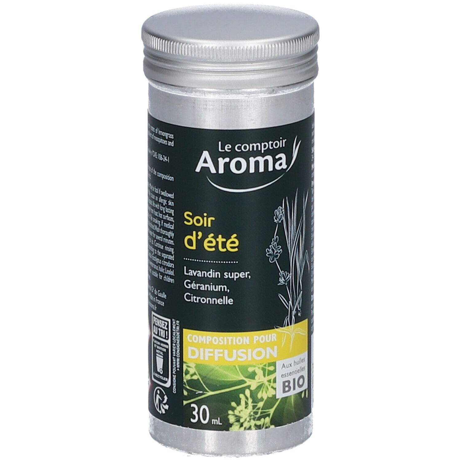 Flacon cylindrique en métal. Inscription: Le Comptoir Aroma, Soir d'été. Avec label bio. 30 ml.