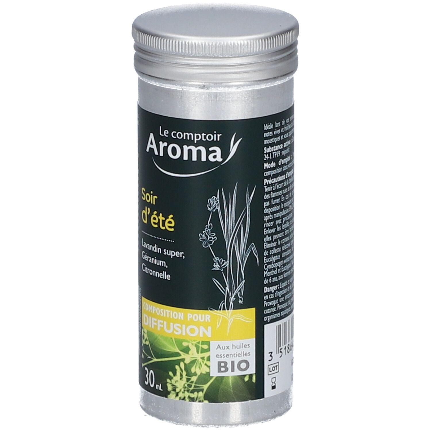 Flacon cylindrique en métal. Inscription: Le Comptoir Aroma, Soir d'été. Avec label bio. 30 ml.