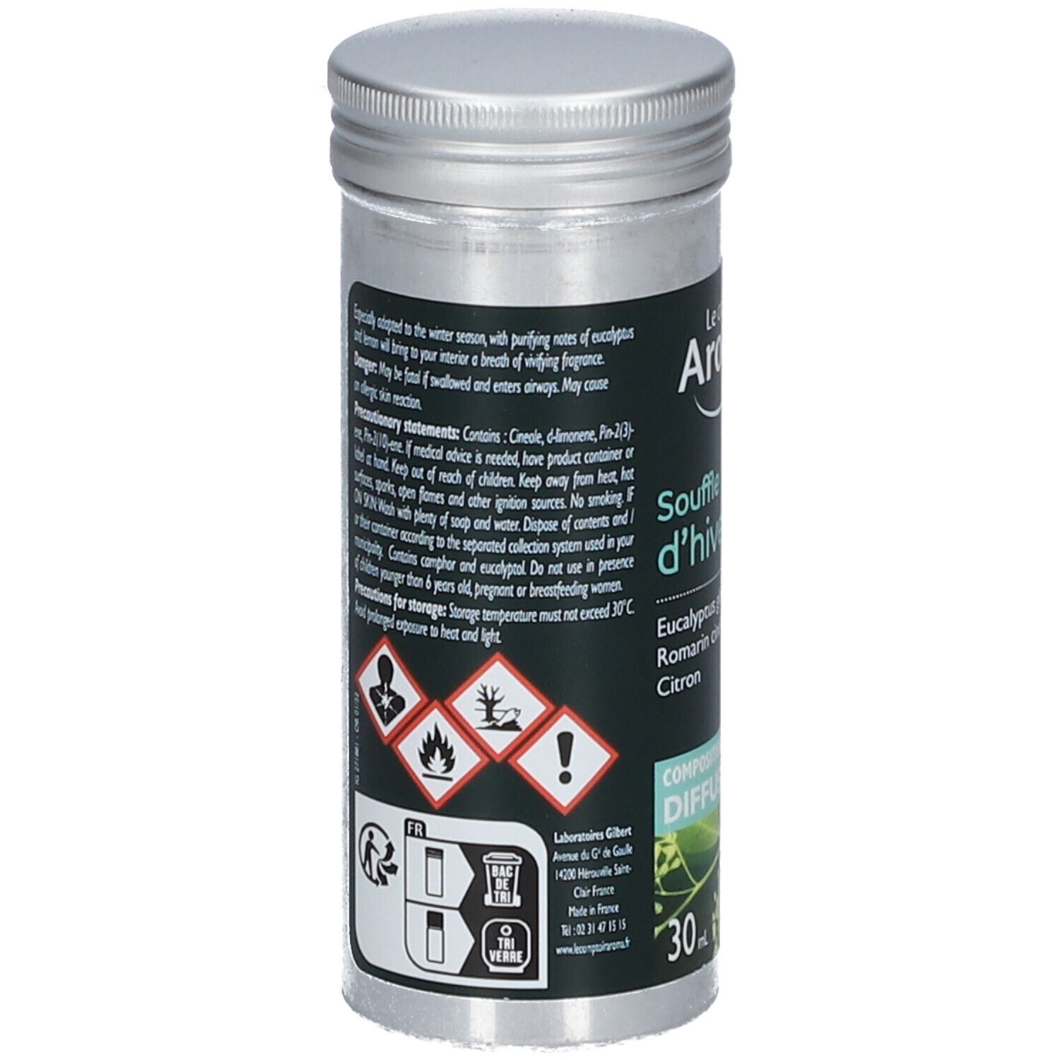 Zylindrische Dose. Rückseite mit Warnhinweisen und Inhaltsstoffen. Enthält ätherische Öle. 30 ml.