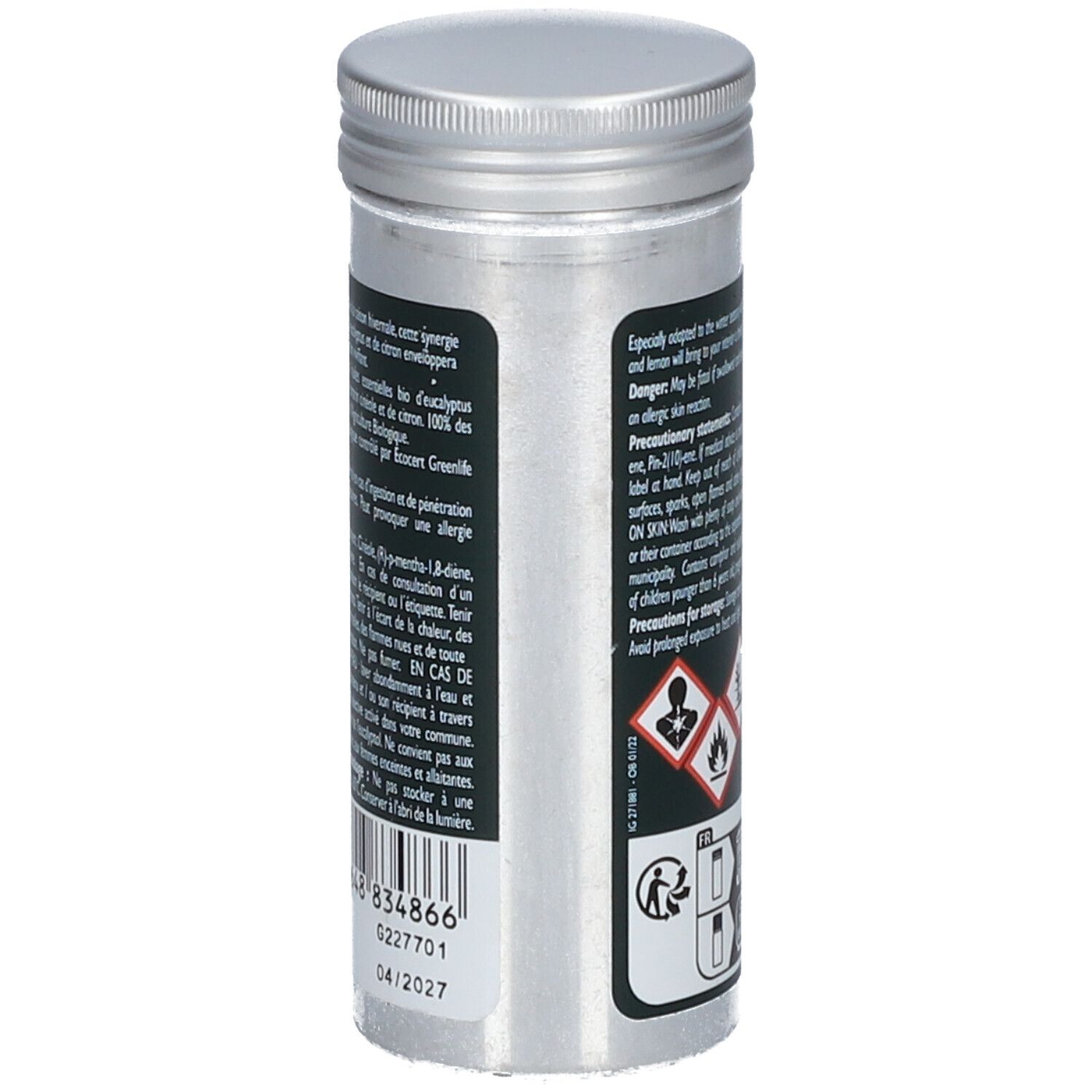Zylindrische Dose. Seite mit Barcode und Chargennummer. Enthält ätherische Öle. 30 ml.
