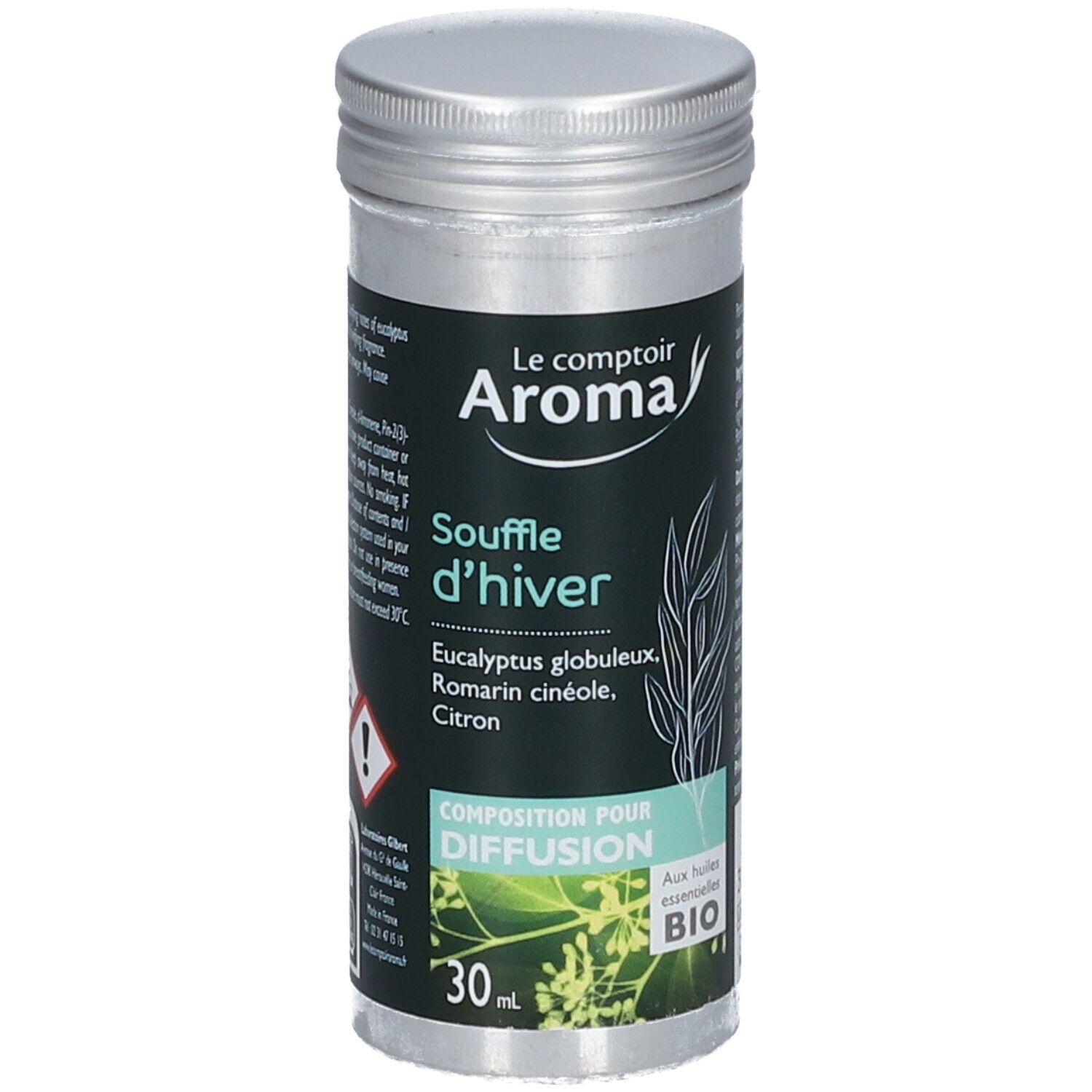 Zylindrische Dose. "Le Comptoir Aroma" und "Souffle d'hiver"-Etikett. Enthält ätherische Öle. 30 ml.