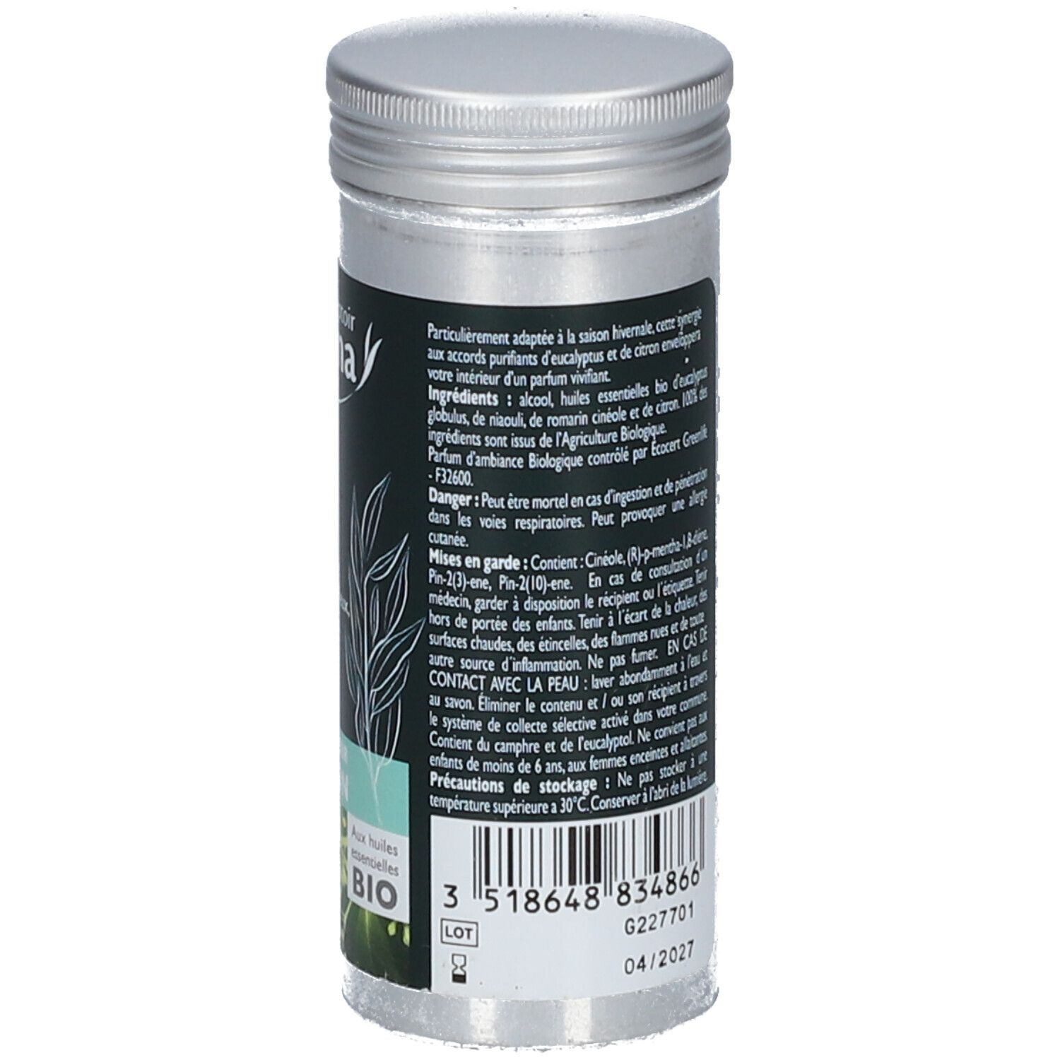 Zylindrische Dose. Rückseite mit Informationen. Enthält ätherische Öle. 30 ml.