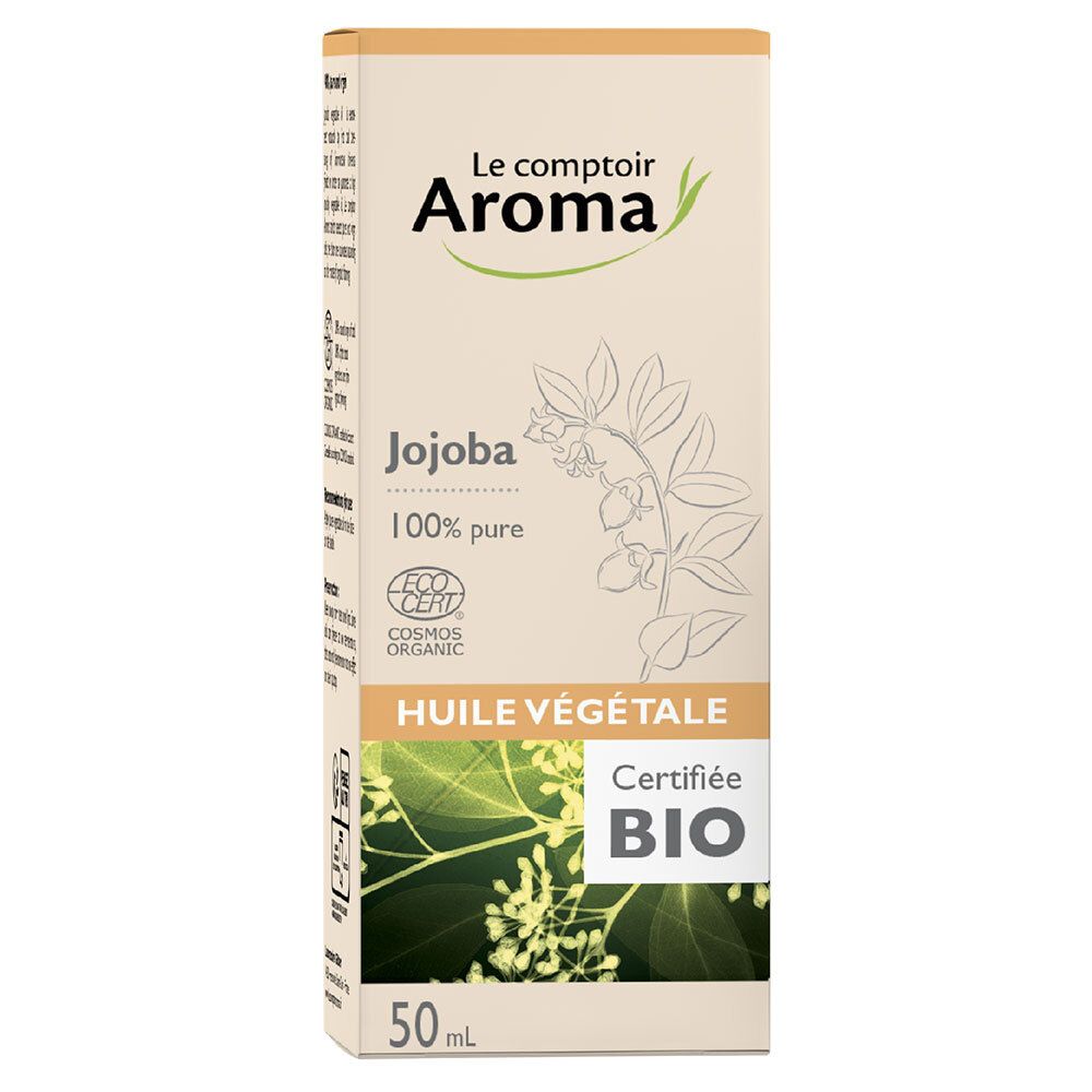 Beige Verpackung mit "Le comptoir Aroma", "Jojoba", "Huile végétale" und Bio-Zertifizierung. 50ml-Angabe.