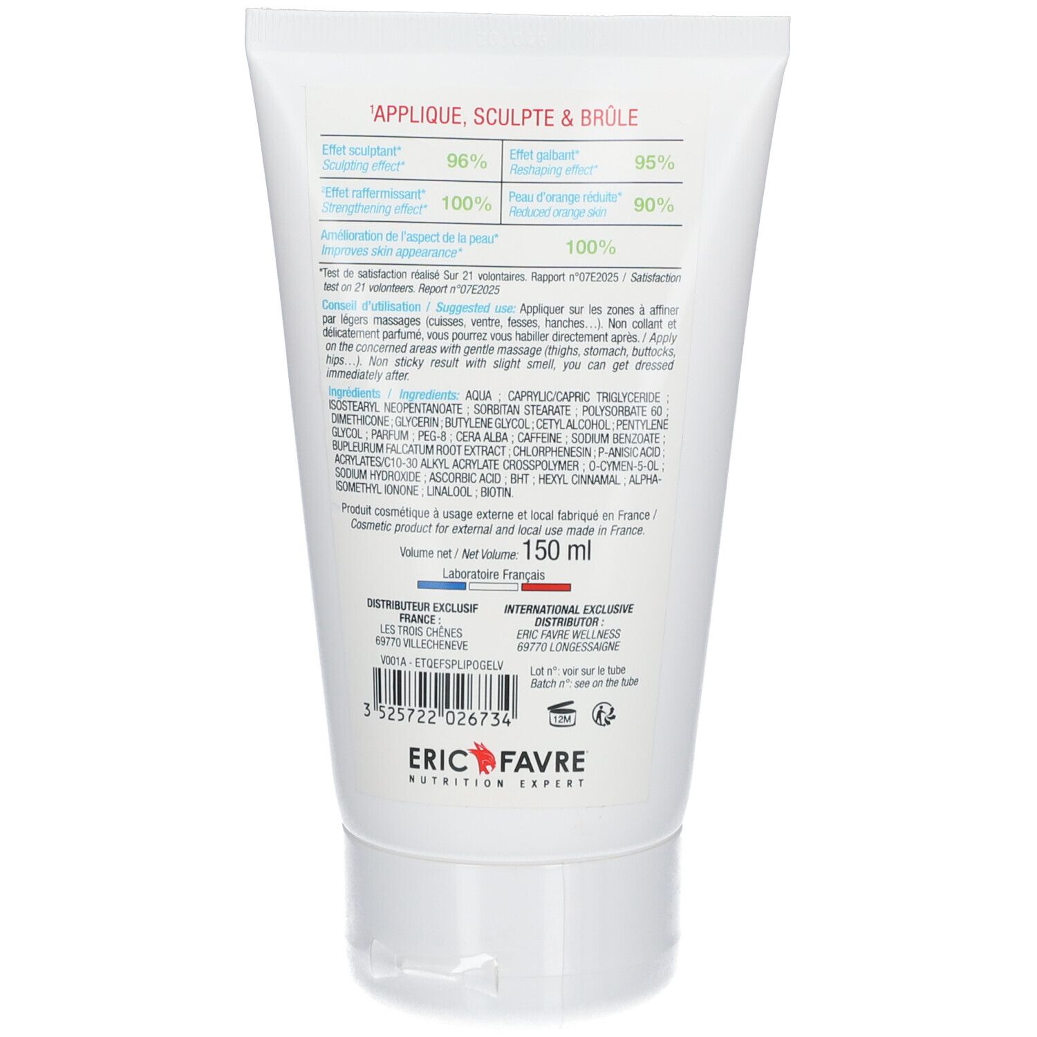 Dos du tube de crème. Texte et ingrédients. 150 ml. Marque : ERIC FAVRE. Fabriqué en France.