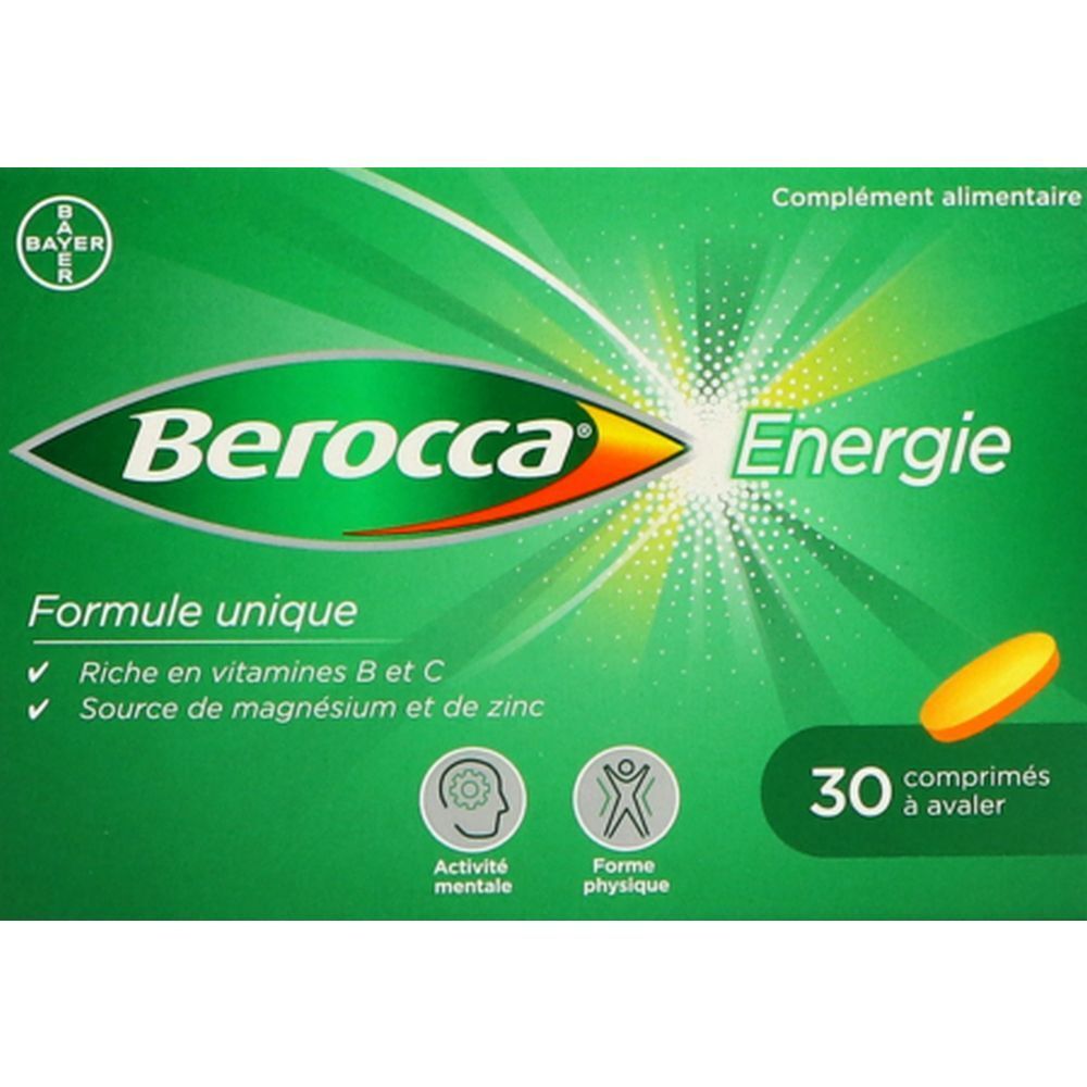 Boîte verte "Berocca Energie". Contient 30 comprimés. Texte : "Formule unique", "Riche en vitamines B et C".