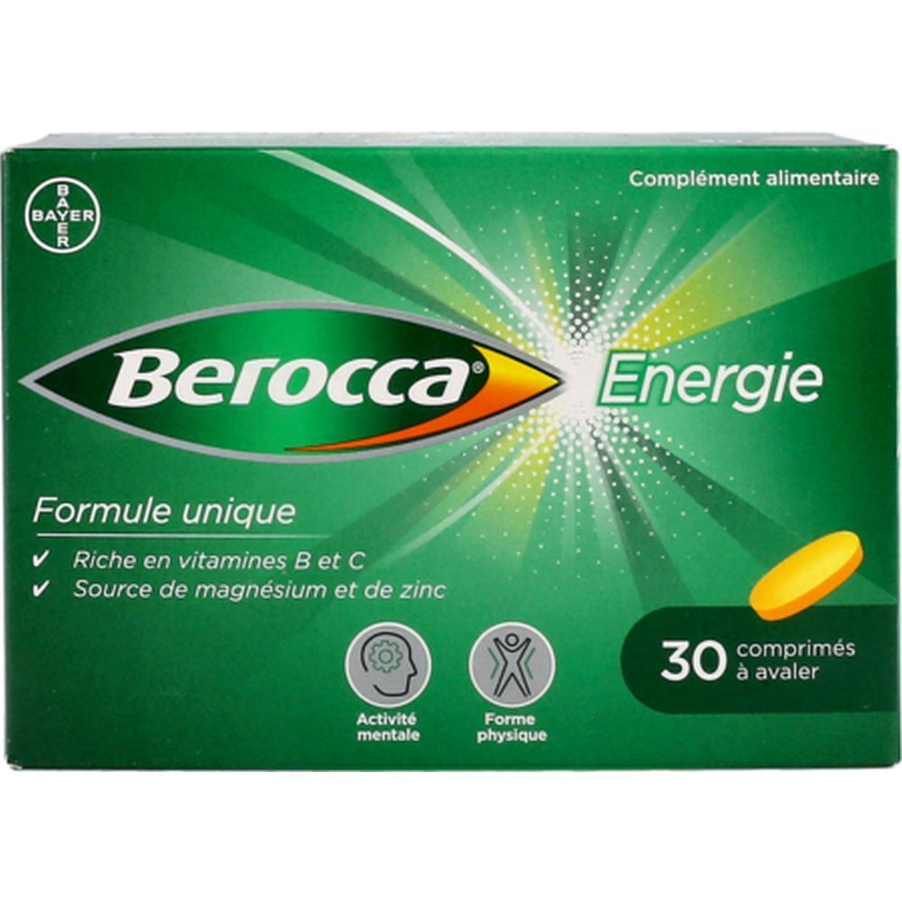 Boîte verte "Berocca Energie". Contient 30 comprimés. Texte : "Formule unique", "Riche en vitamines B et C".