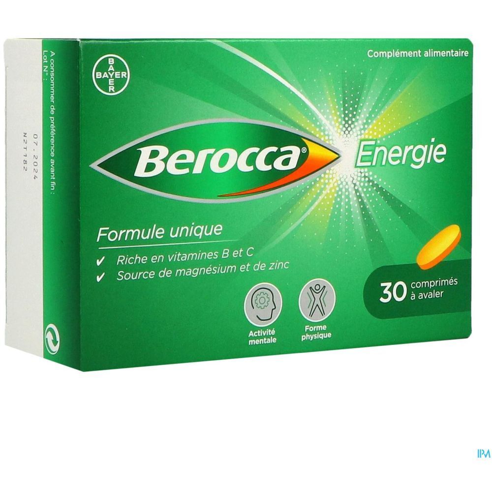 Boîte verte "Berocca Energie" avec 30 comprimés. Texte : "Formule unique", "Riche en vitamines B et C". Vue oblique.