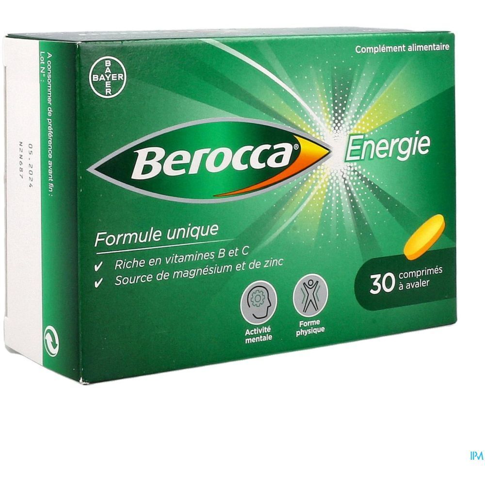 Boîte verte "Berocca Energie" avec 30 comprimés. Texte : "Formule unique", "Riche en vitamines B et C". Vue oblique.