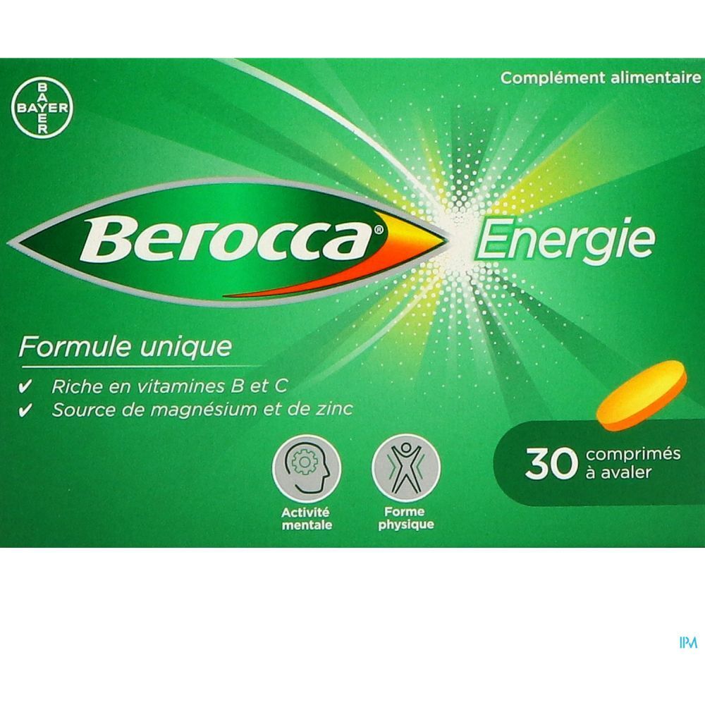 Boîte verte "Berocca Energie" avec 30 comprimés. Texte : "Formule unique", "Riche en vitamines B et C".