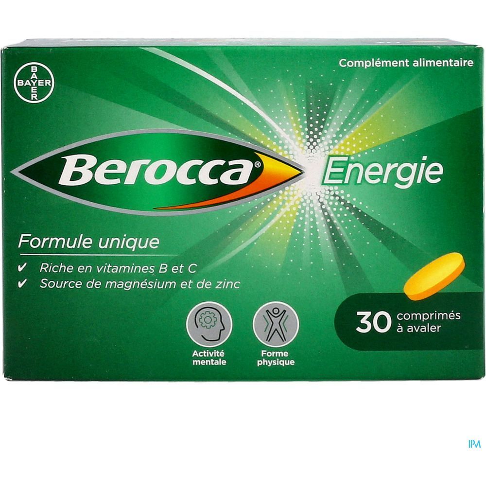 Boîte verte "Berocca Energie" avec 30 comprimés. Texte : "Formule unique", "Riche en vitamines B et C".
