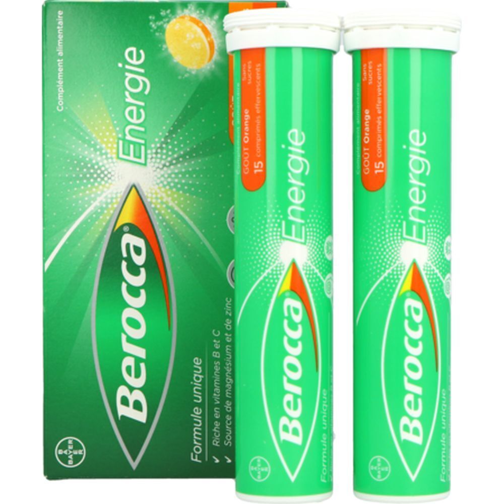 Boîte et deux tubes verts de comprimés effervescents. Inscription : Berocca Energie, Gout Orange, 15 comprimés effervescents.