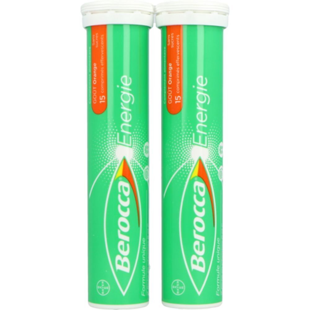 Deux tubes verts de comprimés effervescents. Inscription : Berocca Energie, Gout Orange, 15 comprimés effervescents.