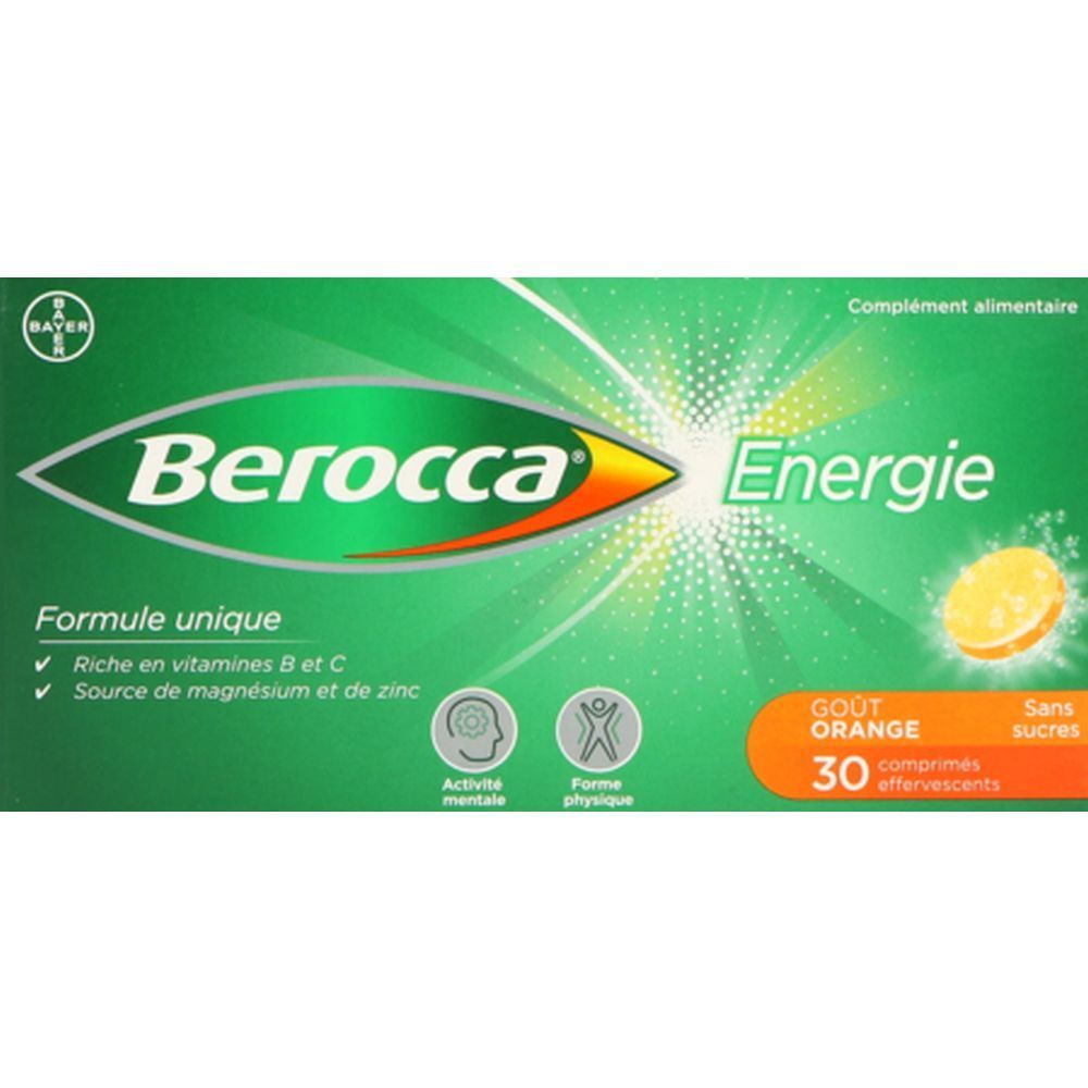 Boîte verte de comprimés effervescents. Inscription : Berocca Energie, Gout Orange, 30 comprimés effervescents.