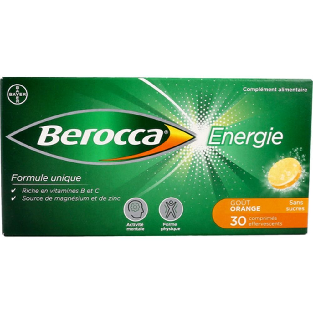 Boîte verte de comprimés effervescents. Inscription : Berocca Energie, Gout Orange, 30 comprimés effervescents.