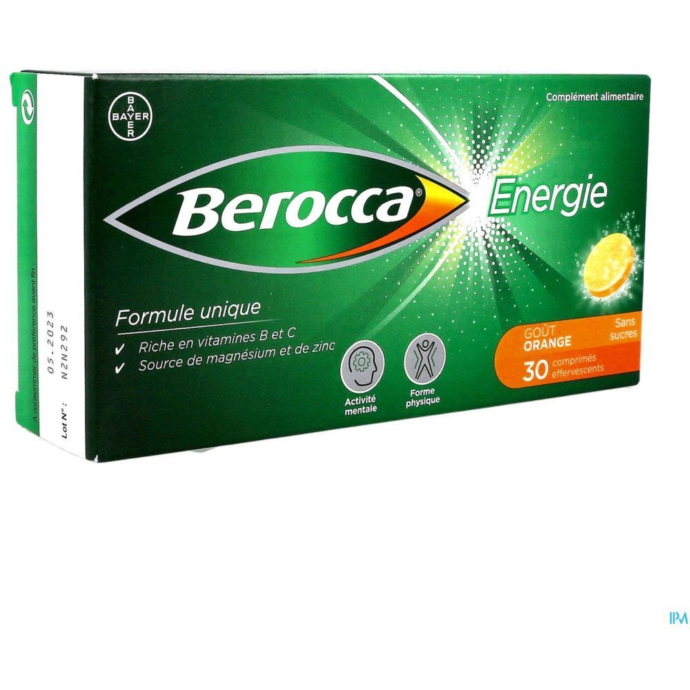 Boîte verte de comprimés effervescents. Inscription : Berocca Energie, Gout Orange, 30 comprimés effervescents. Avec dates.