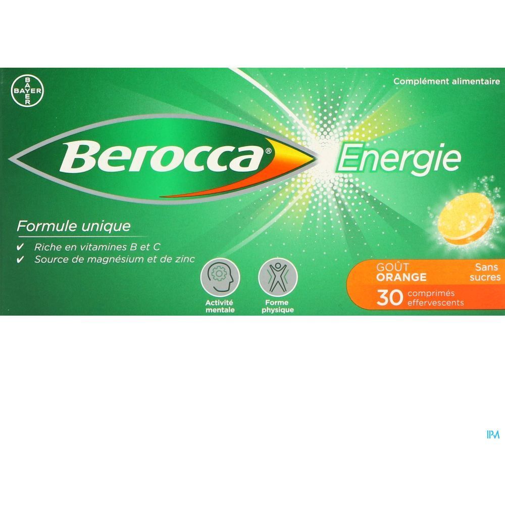 Boîte verte de comprimés effervescents. Inscription : Berocca Energie, Gout Orange, 30 comprimés effervescents.