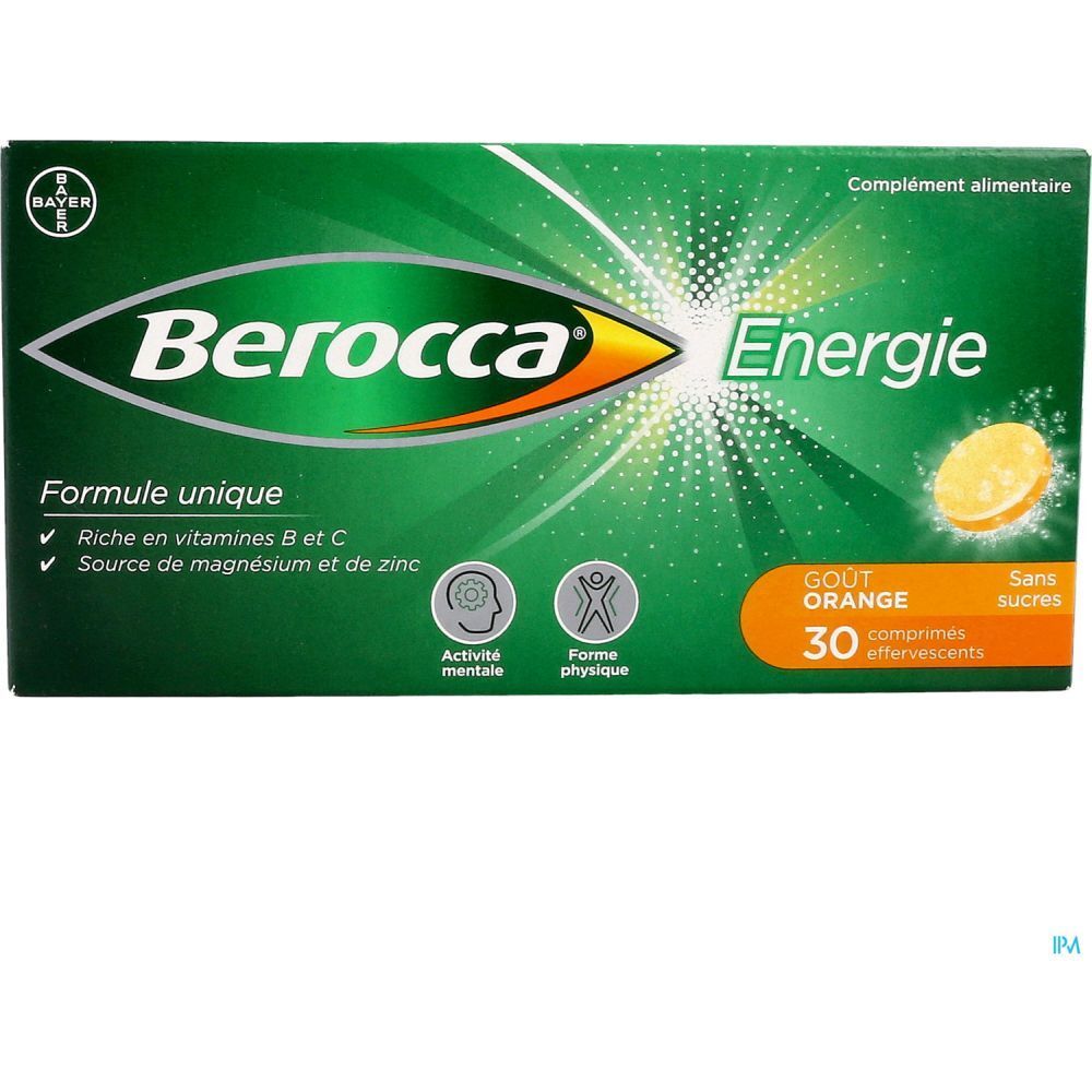 Boîte verte de comprimés effervescents. Inscription : Berocca Energie, Gout Orange, 30 comprimés effervescents.