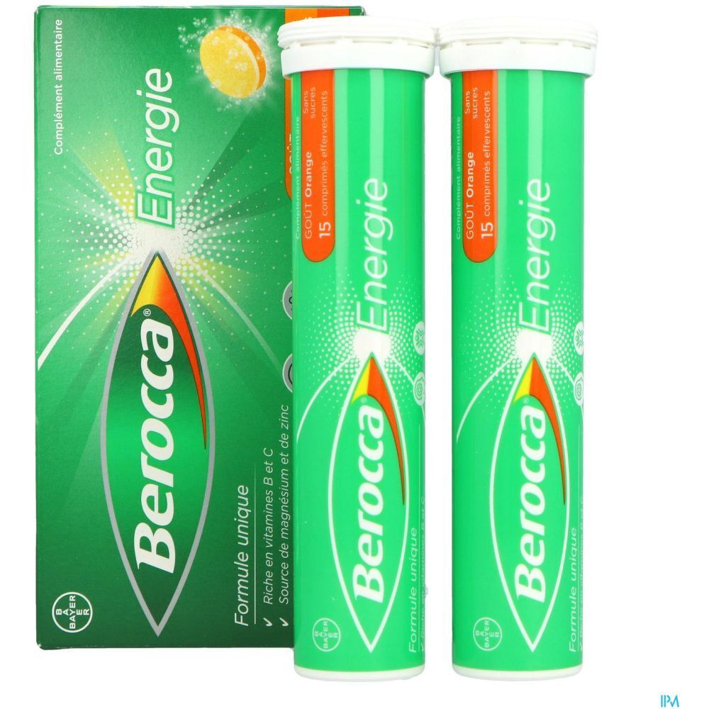 Boîte et deux tubes verts de comprimés effervescents. Inscription : Berocca Energie, Gout Orange, 15 comprimés effervescents.