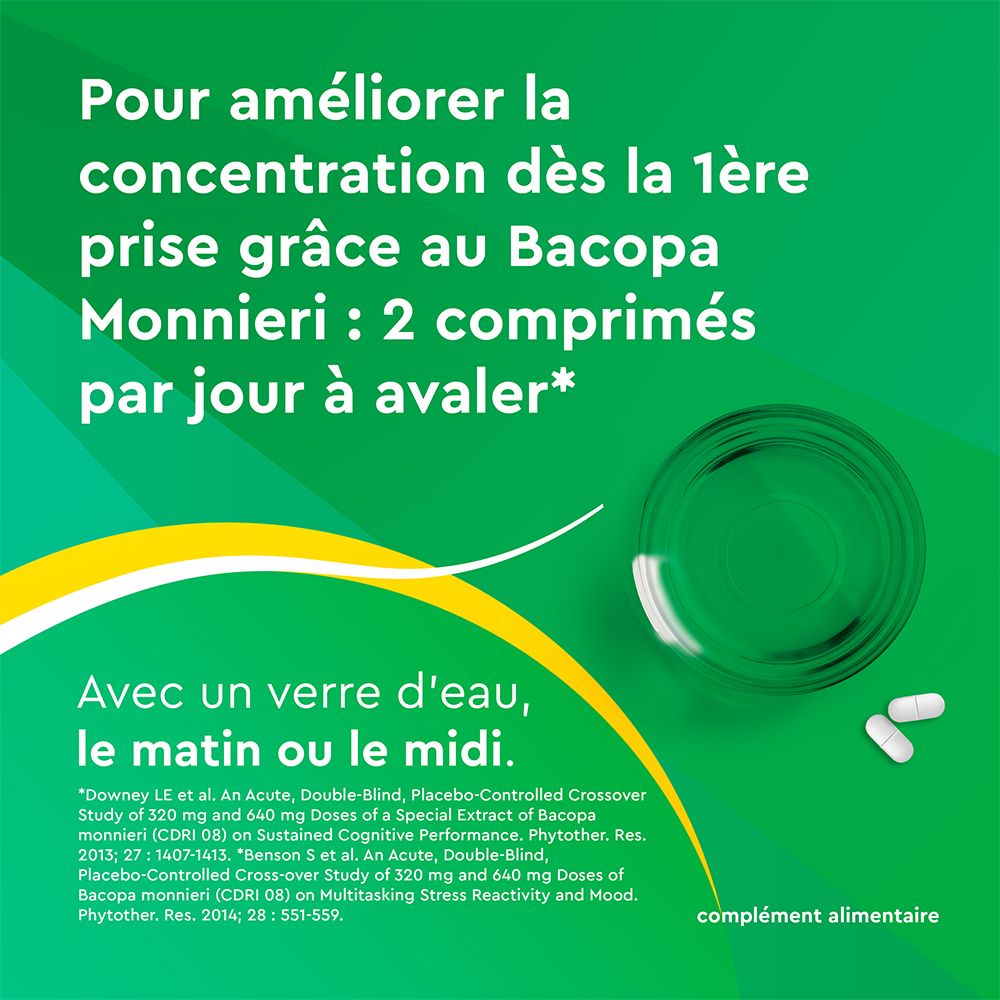 Fond vert, verre d'eau, comprimés. Texte: 2 comprimés par jour. Avec de l'eau, matin ou midi. Complément alimentaire.